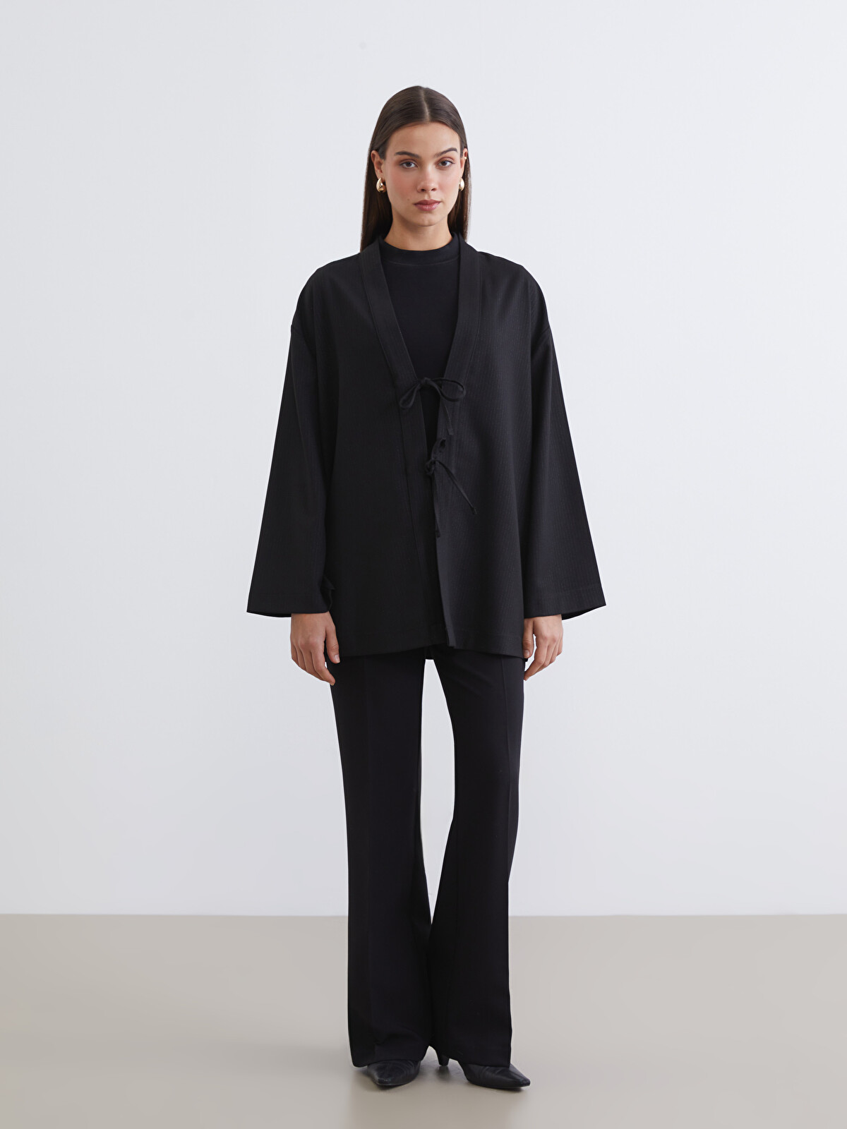 LCW Modest Siyah Şal Yaka Çizgili Oversize Kadın Kimono - W5LF18Z8