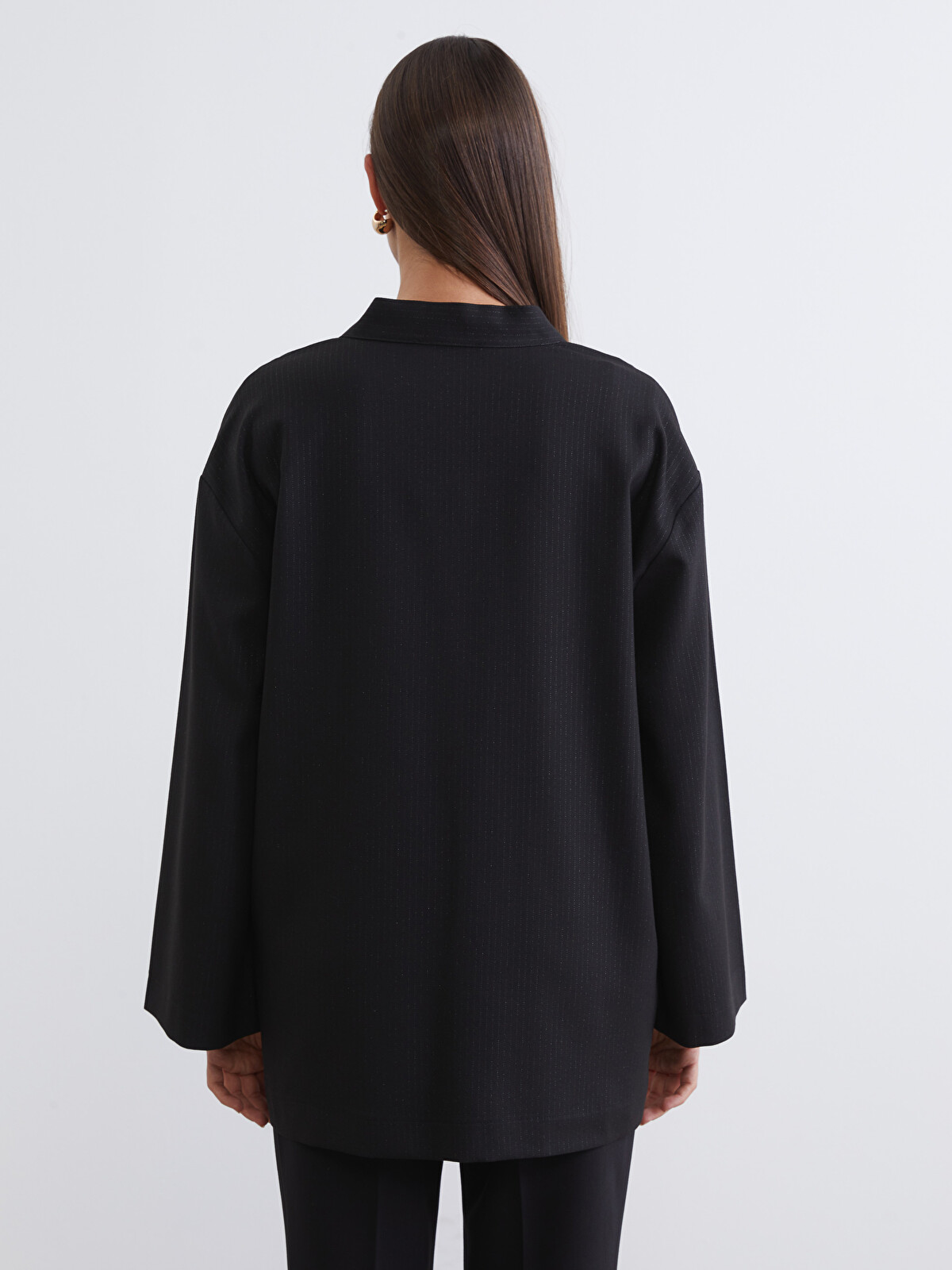 LCW Modest Siyah Şal Yaka Çizgili Oversize Kadın Kimono - W5LF18Z8