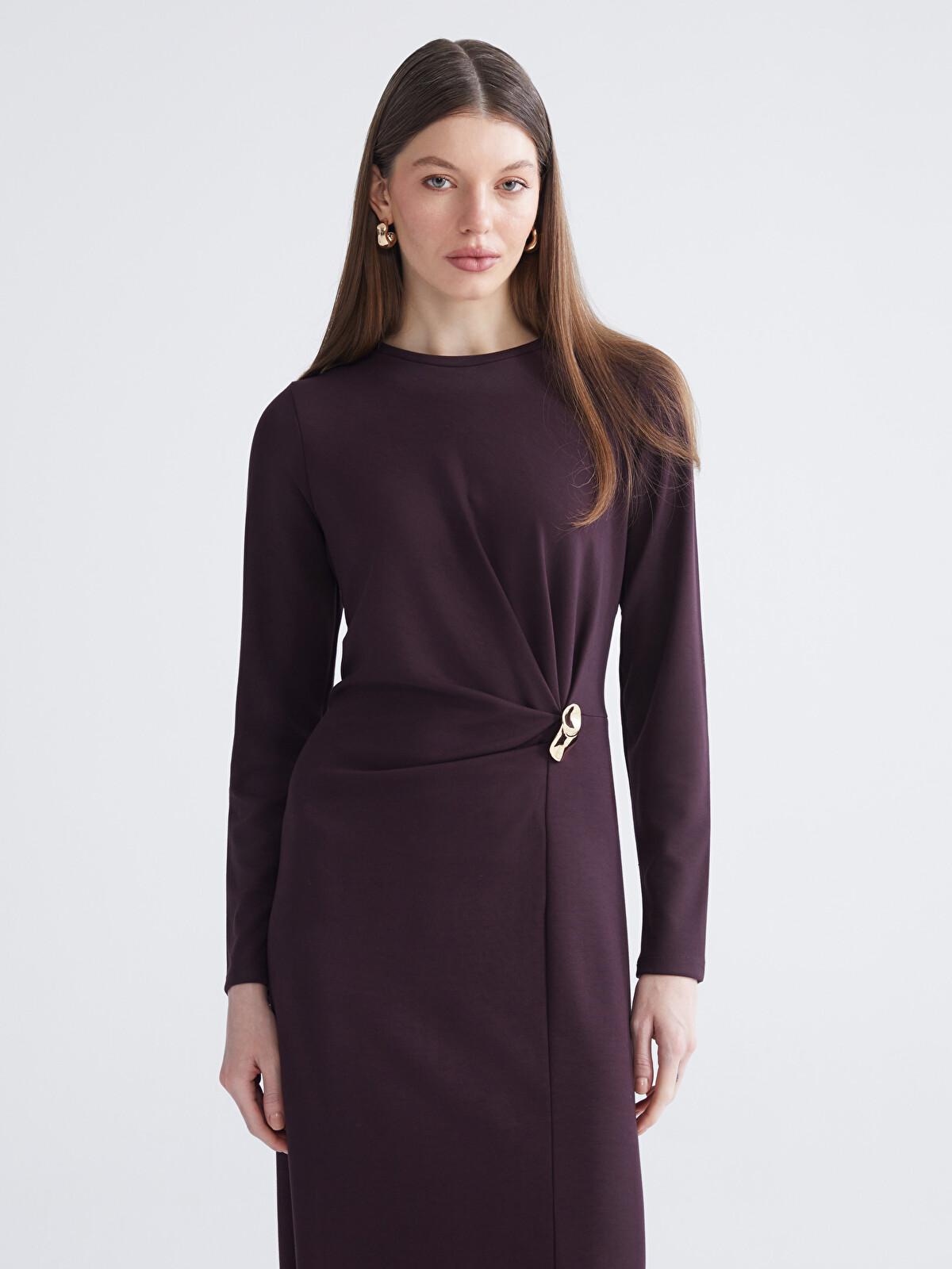 LCWAIKIKI Classic Crew Neck Ruched Dress - W5LJ33Z8-HKM | LC Waikiki