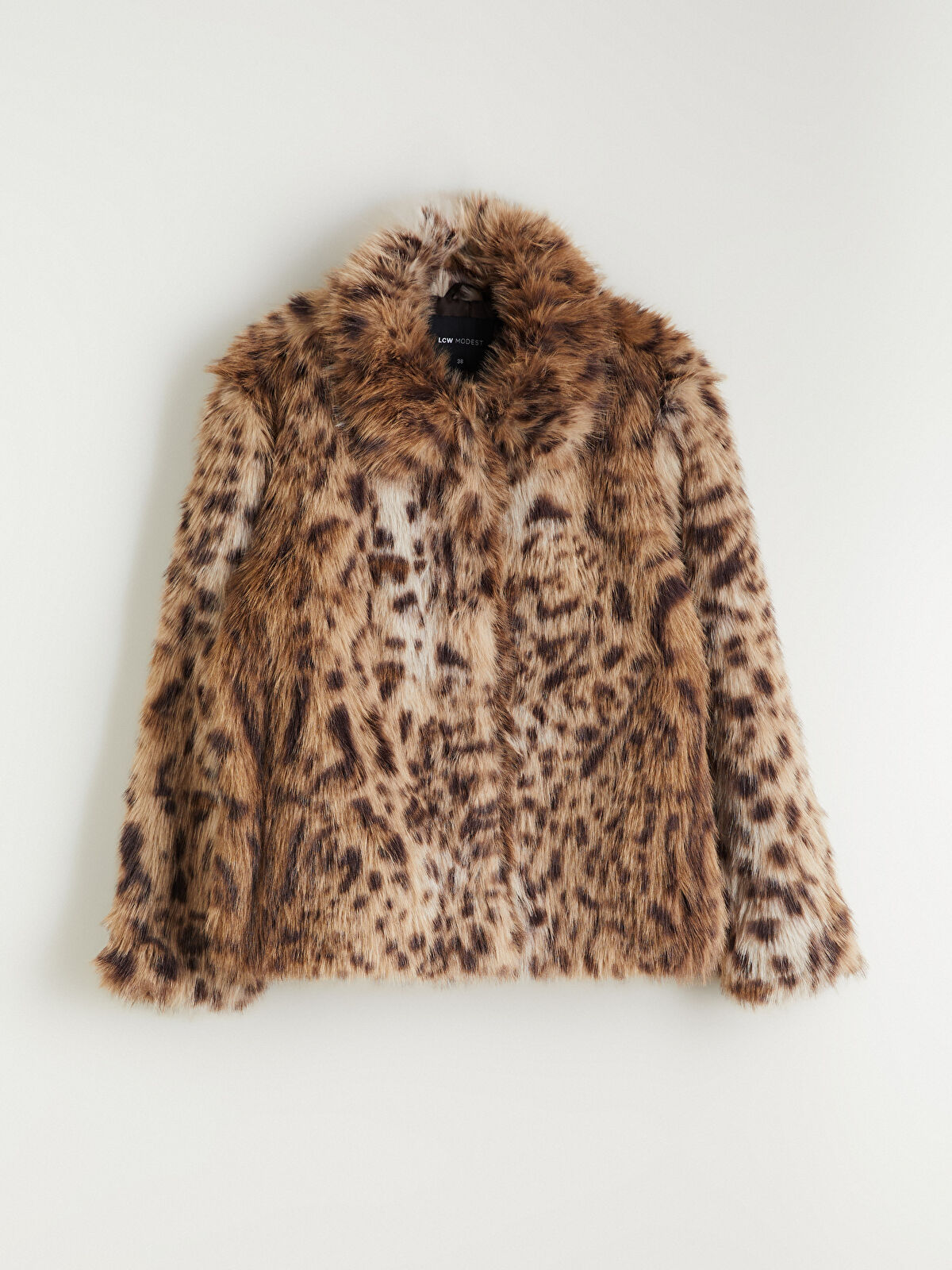 LCW Modest Collared Neck Leopard Print Women's Faux Fur Coat