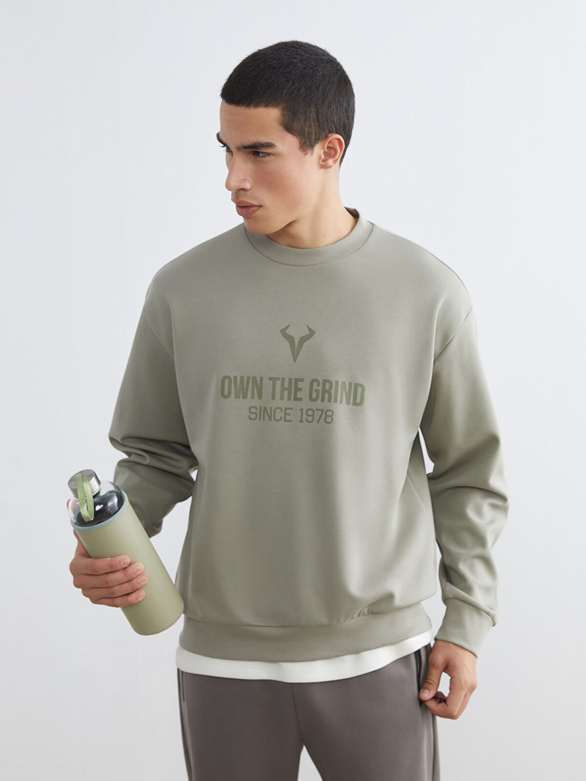 XSIDE ACTIVE Haki Bisiklet Yaka Baskılı Erkek Sweatshirt