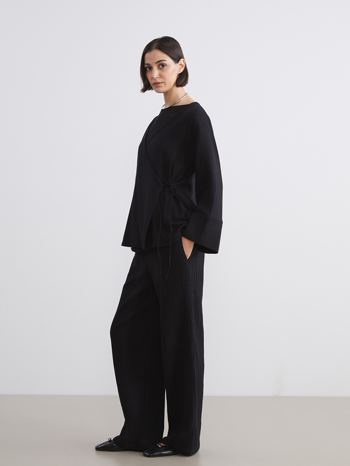 LCW Vision Elastic Waist Textured Muslin Women's Trousers