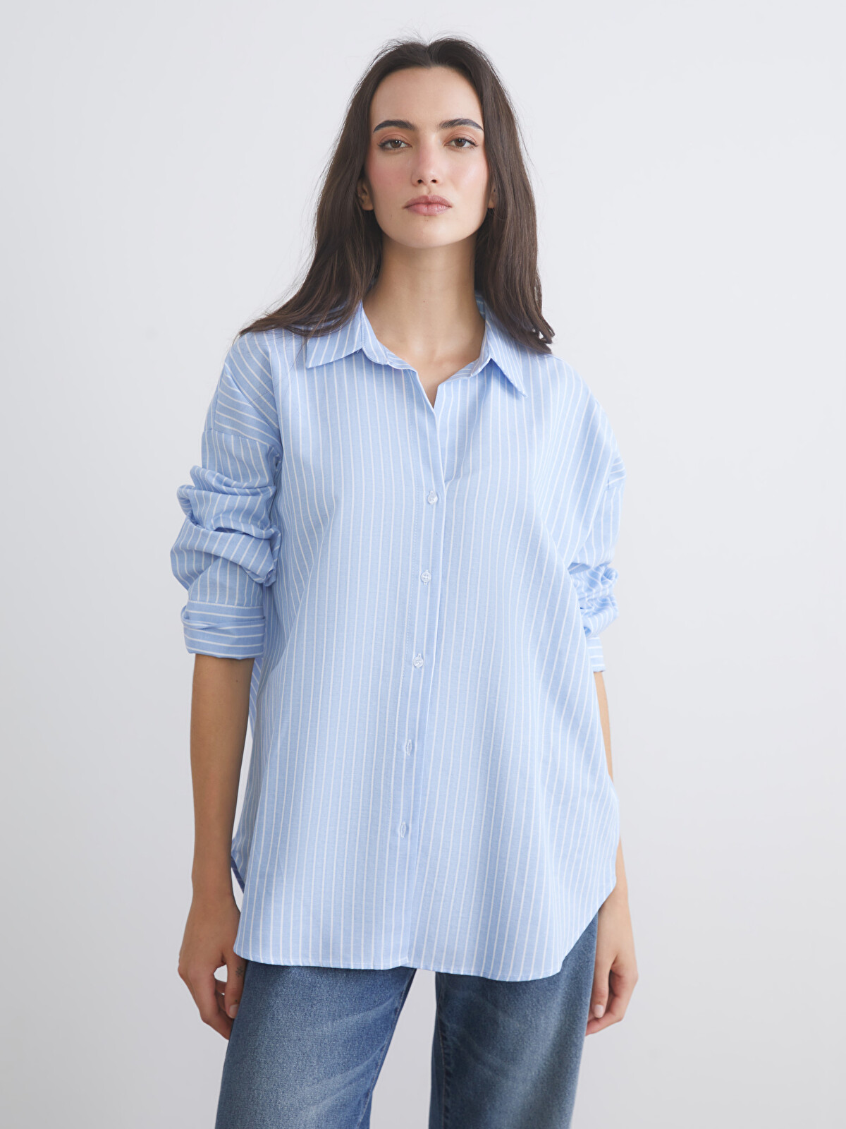 LCW Vision Striped Oversize Women's Shirt - W5M545Z8-LEN | LC Waikiki