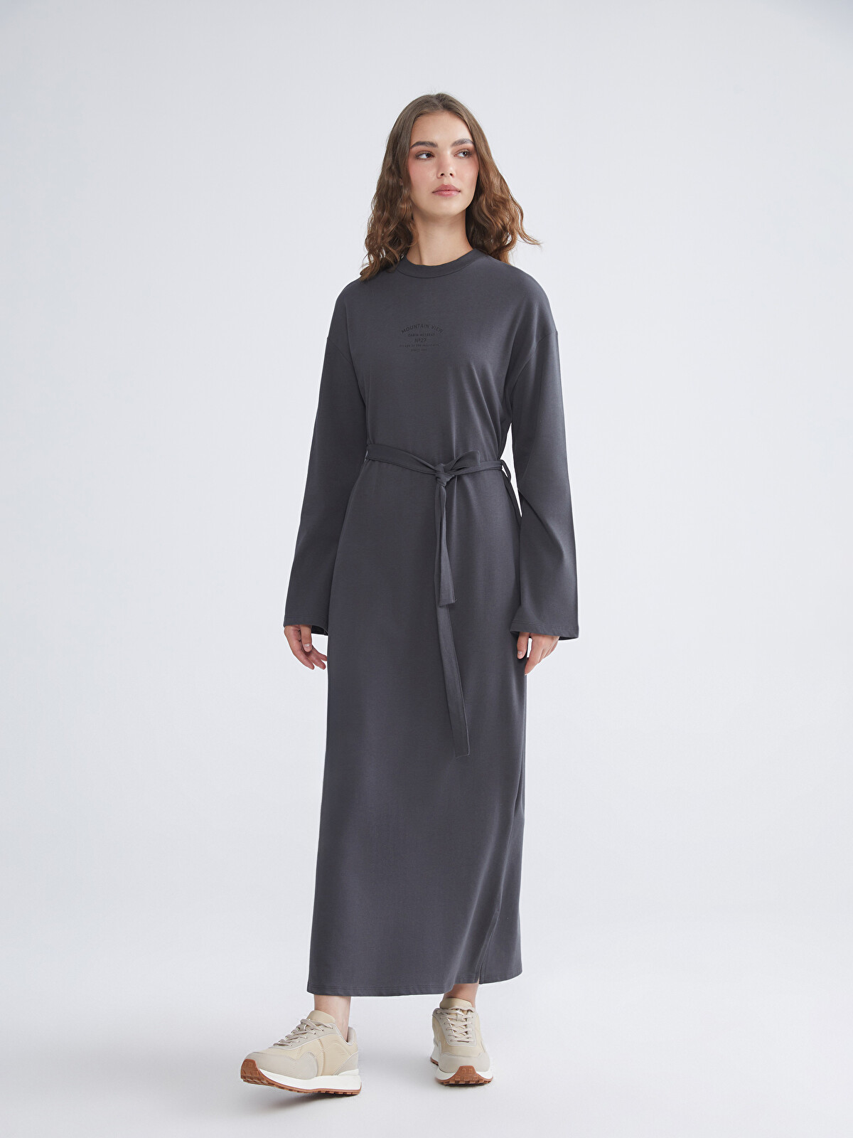 LCW Modest Antrasit Bisiklet Yaka Nakışlı Elbise - W5M622Z8-12M | LCW