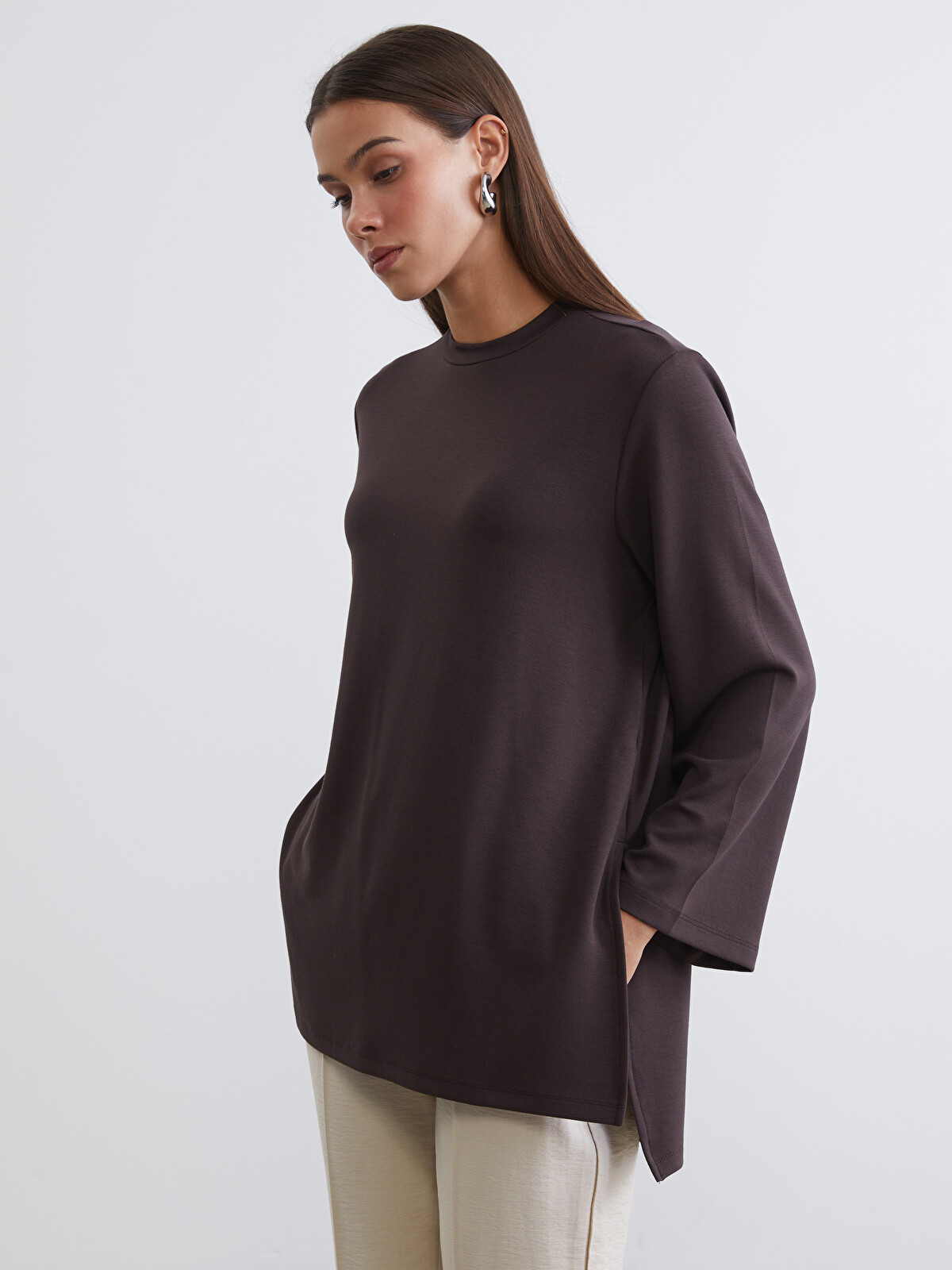 LCW Modest Bisiklet Yaka Oversize Kadın Sweatshirt Tunik