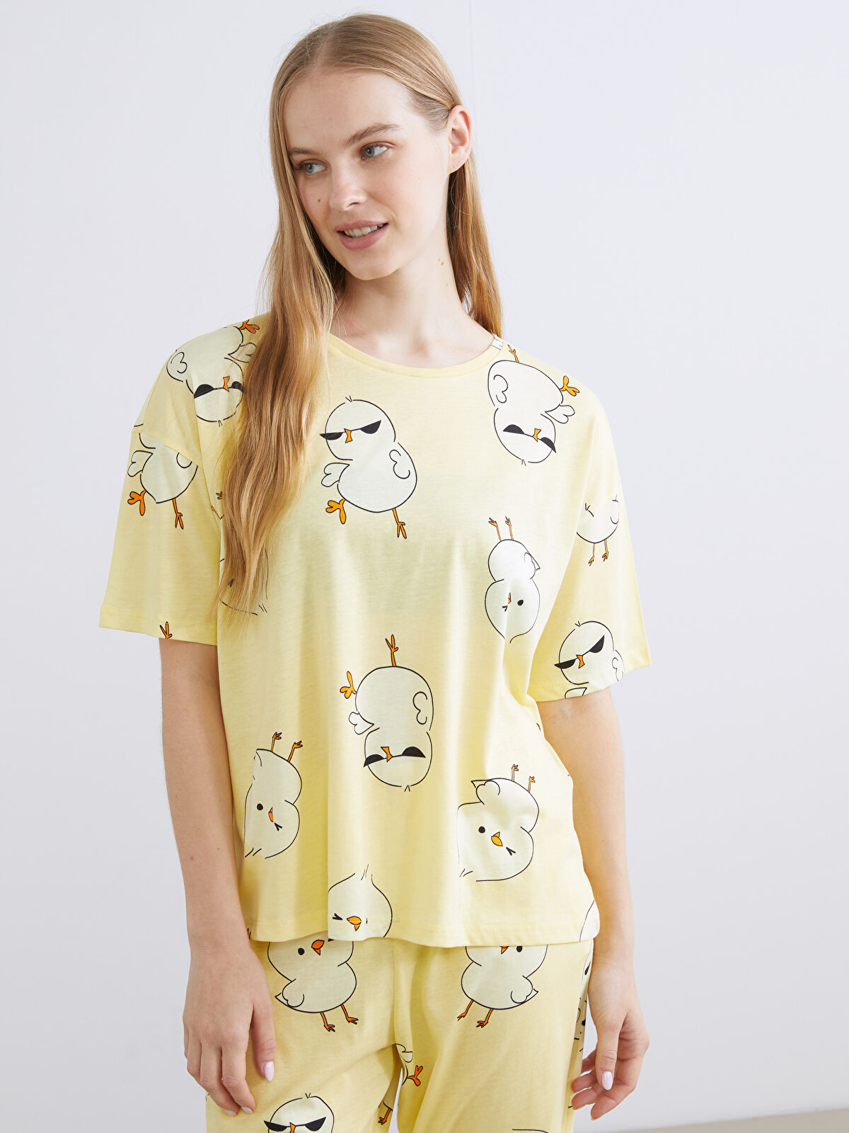 さむ❁ LCW Young Sarı Bisiklet Yaka Desenli Kadın Pijama Takımı