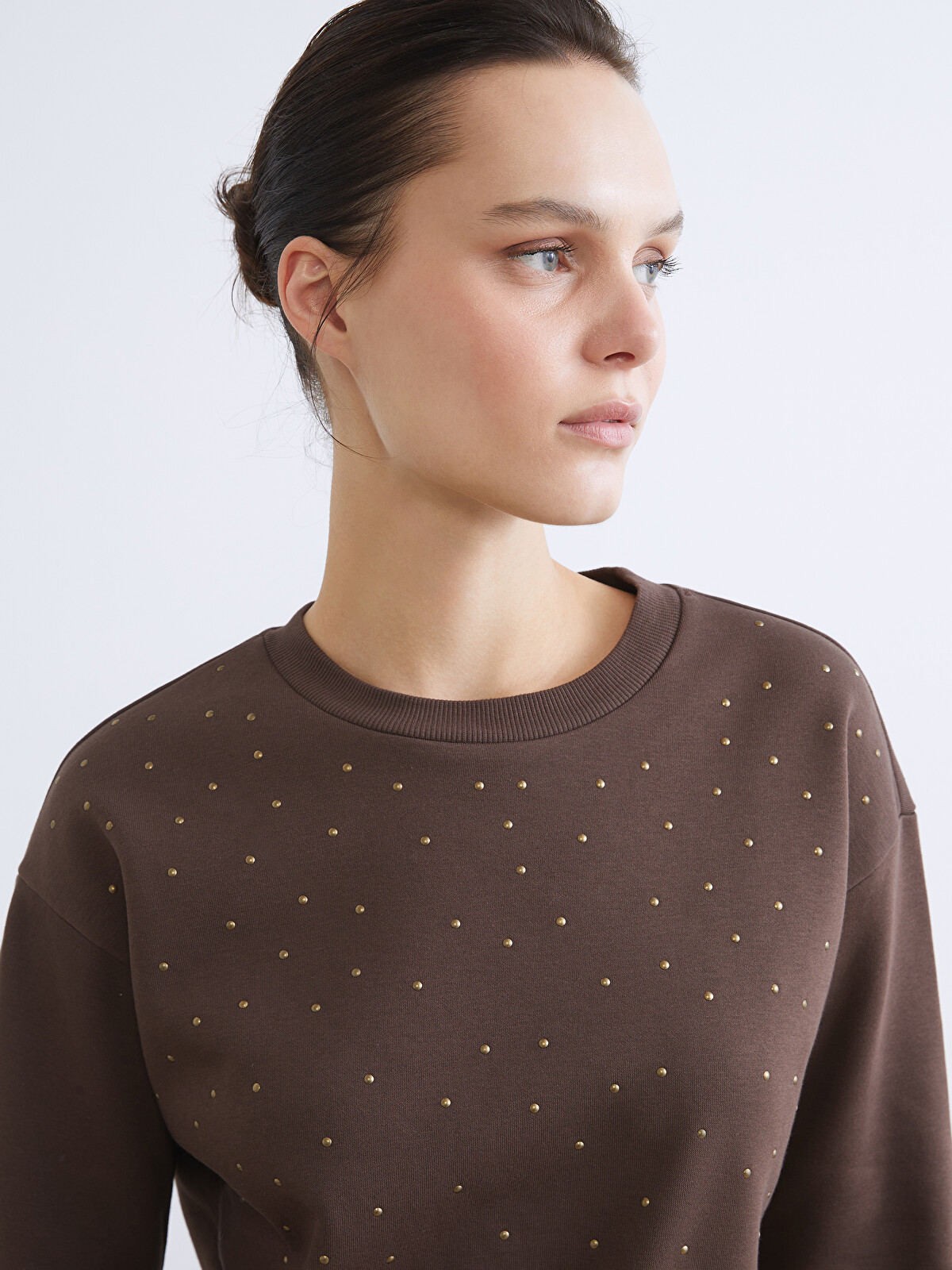 LCW EVERYDAY Crew Neck Shiny Stone Printed Oversize Women's Thick