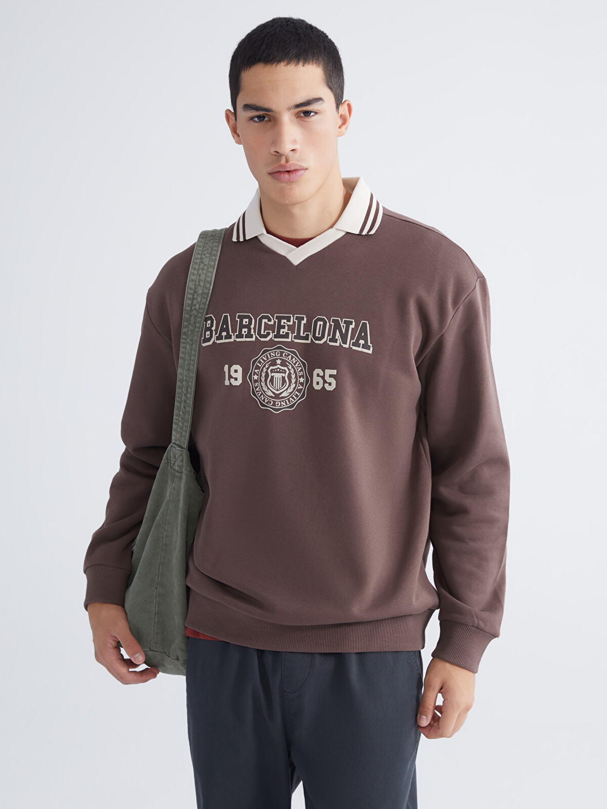 XSIDE Polo Yaka Baskılı Oversize Erkek Sweatshirt - W5MH08Z8-HLD