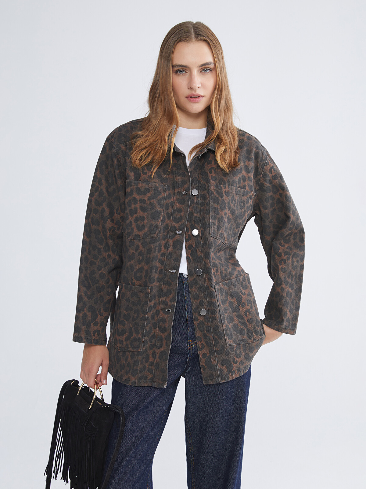 LCWAIKIKI Classic Leopard Print Sash Women's Denim Jacket