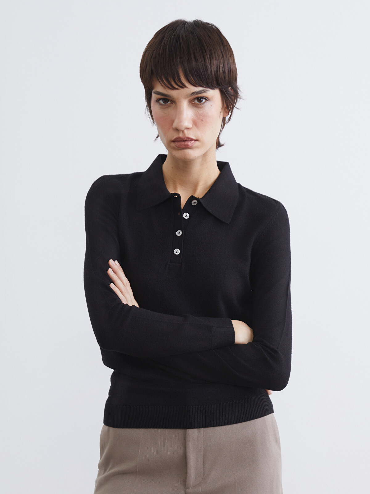 LCW Vision Siyah Polo Yaka Kadın Triko Kazak - W5MO92Z8-CVL | LCW