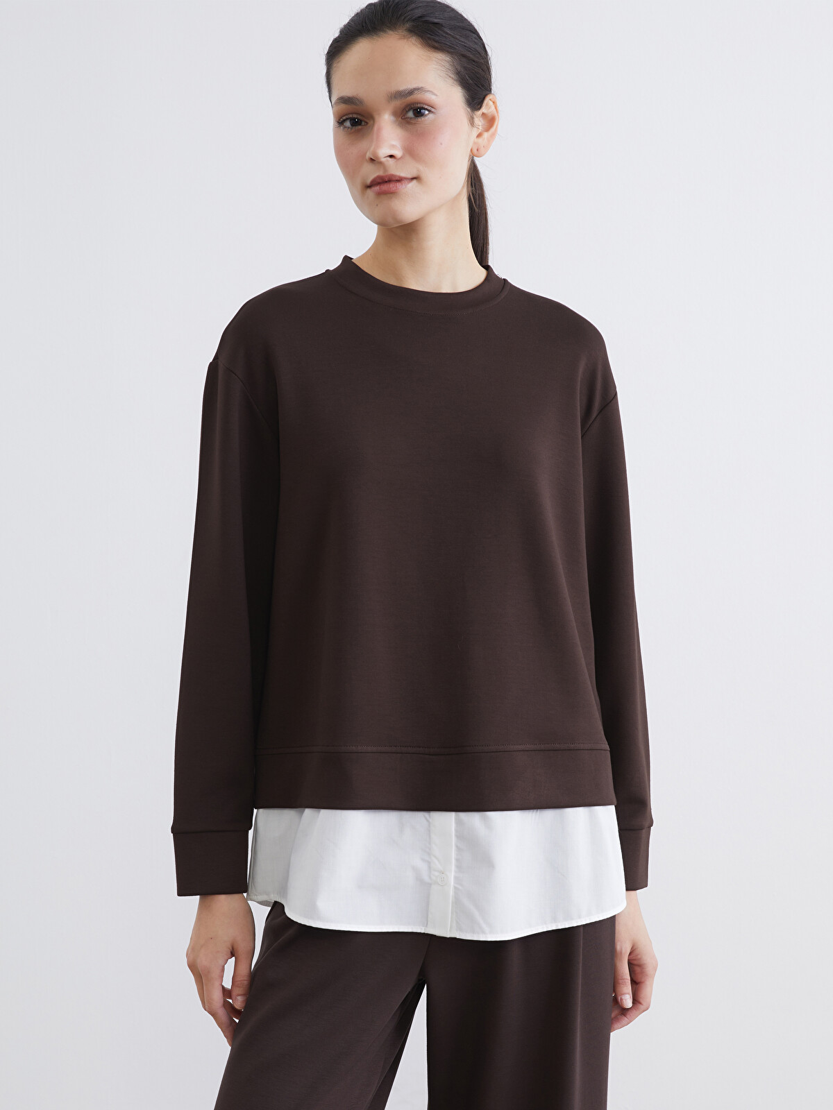 LCW Modest Kahverengi Bisiklet Yaka Kadın Sweatshirt Tunik