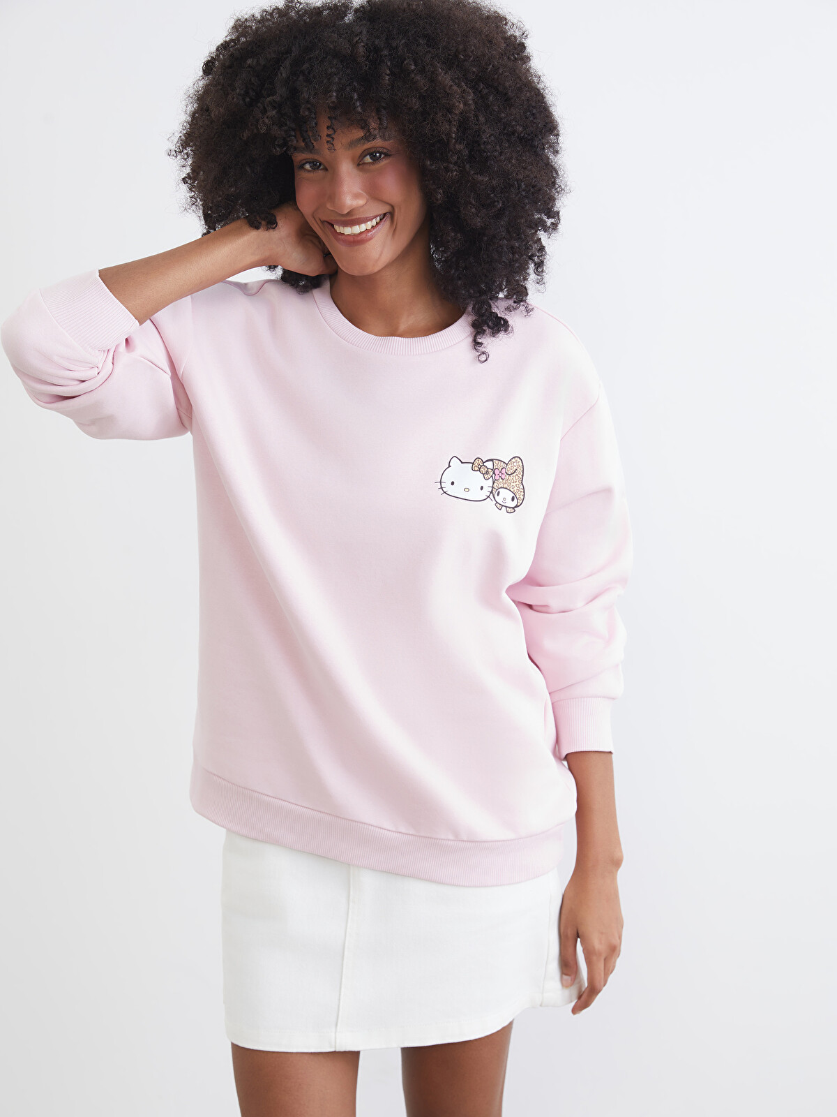【X68000】 コットン COTTON 5インチ XSIDE Pembe Hello Kitty Baskılı Oversize Kadın Kalın Sweatshirt