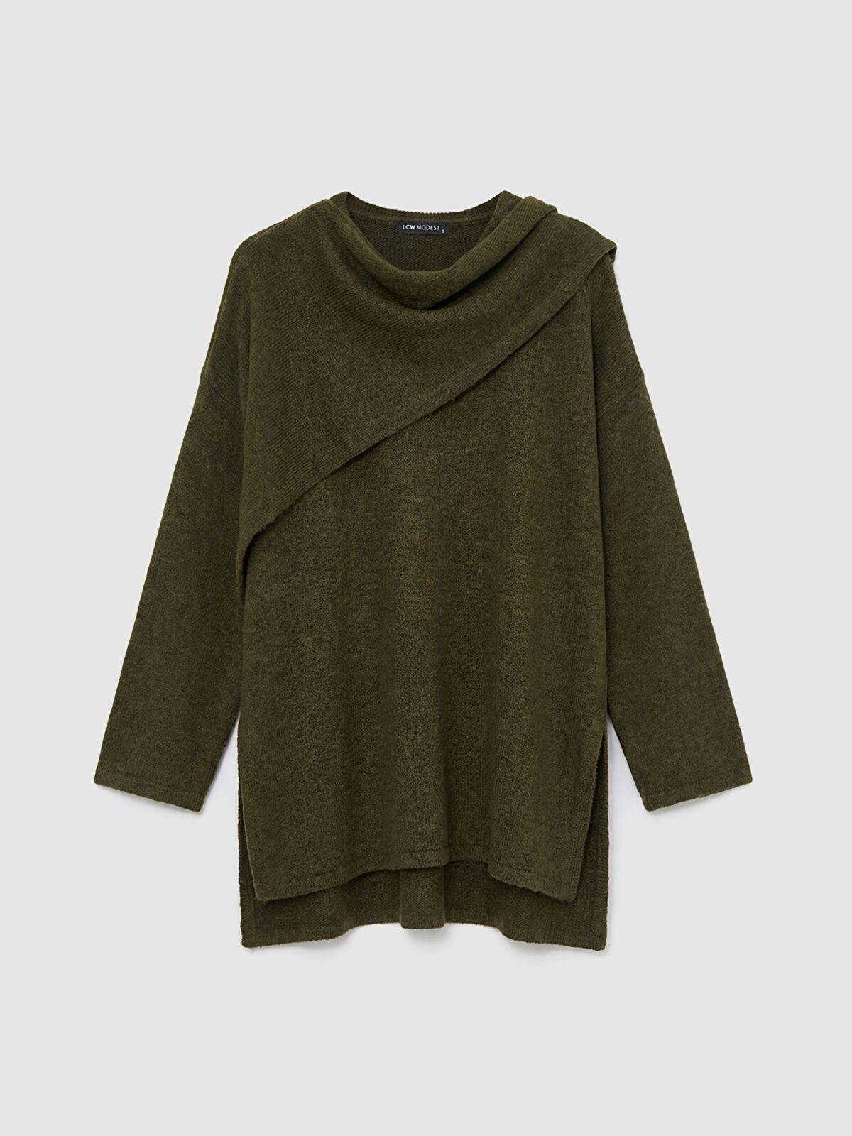 LCW Modest Haki Dökümlü Şal Yaka Oversize Kadın Triko Kazak