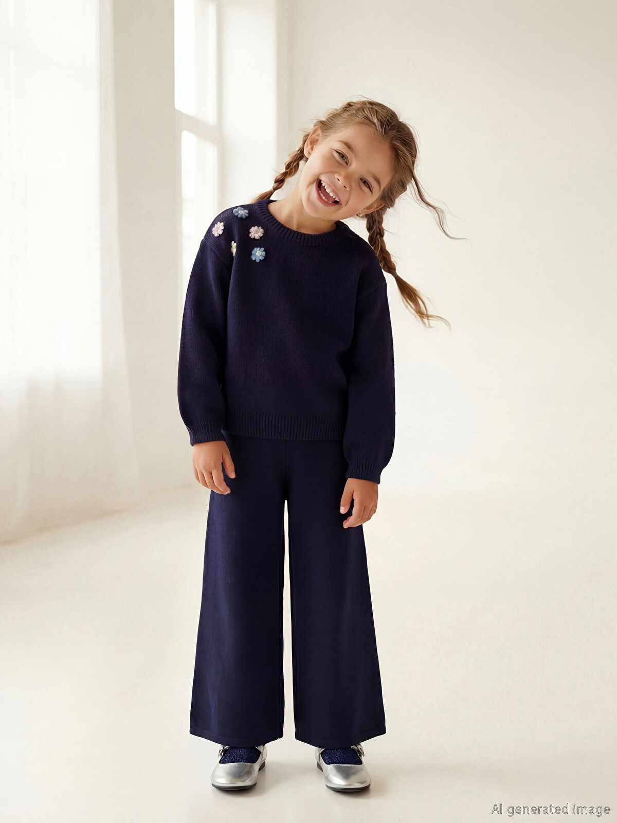 LCW Kids Floral Knit Sweater And Pants Set For Girls - W5N378Z1