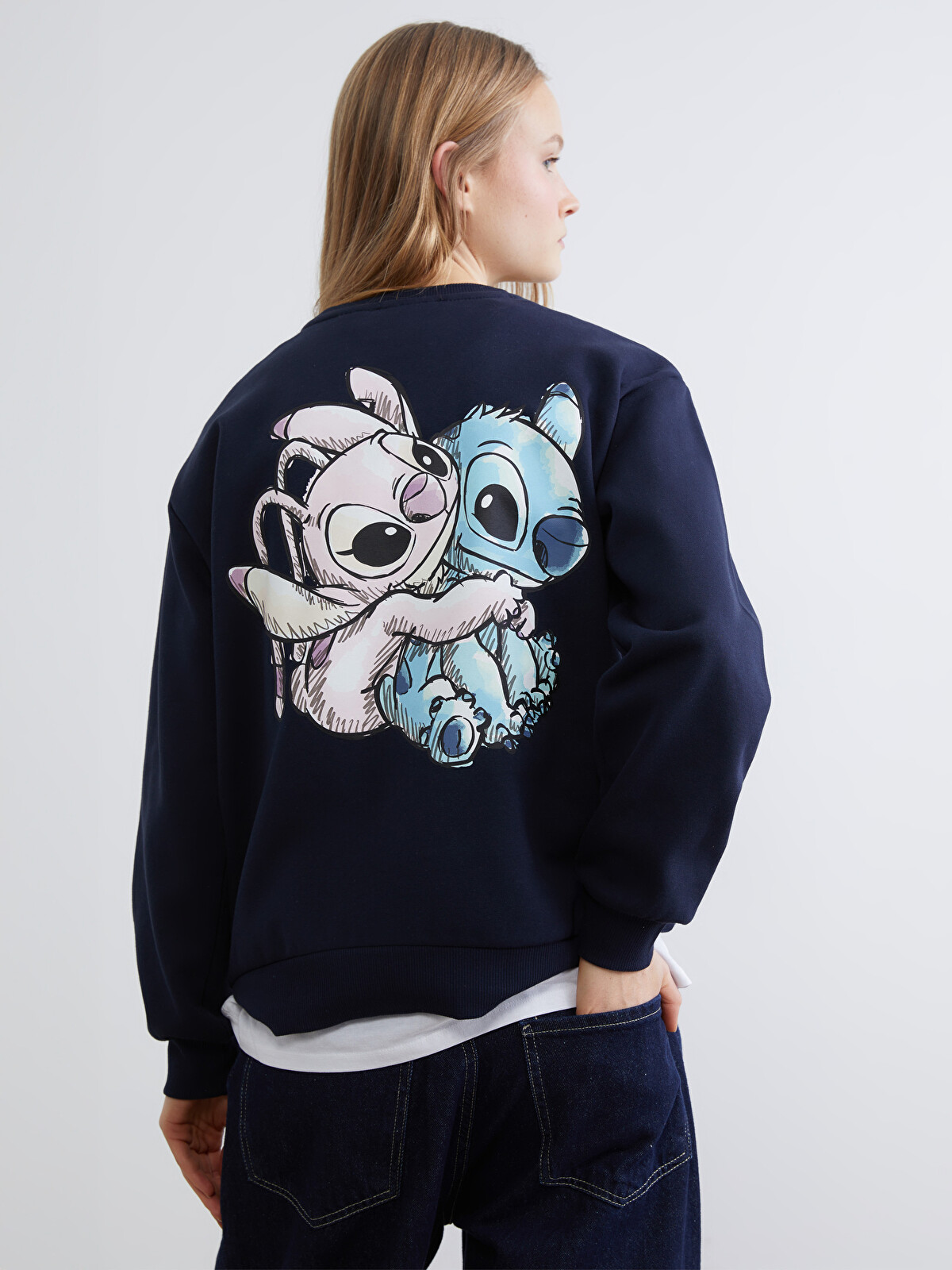 XSIDE Lacivert Lilo & Stitch Baskılı Kadın Kalın Sweatshirt