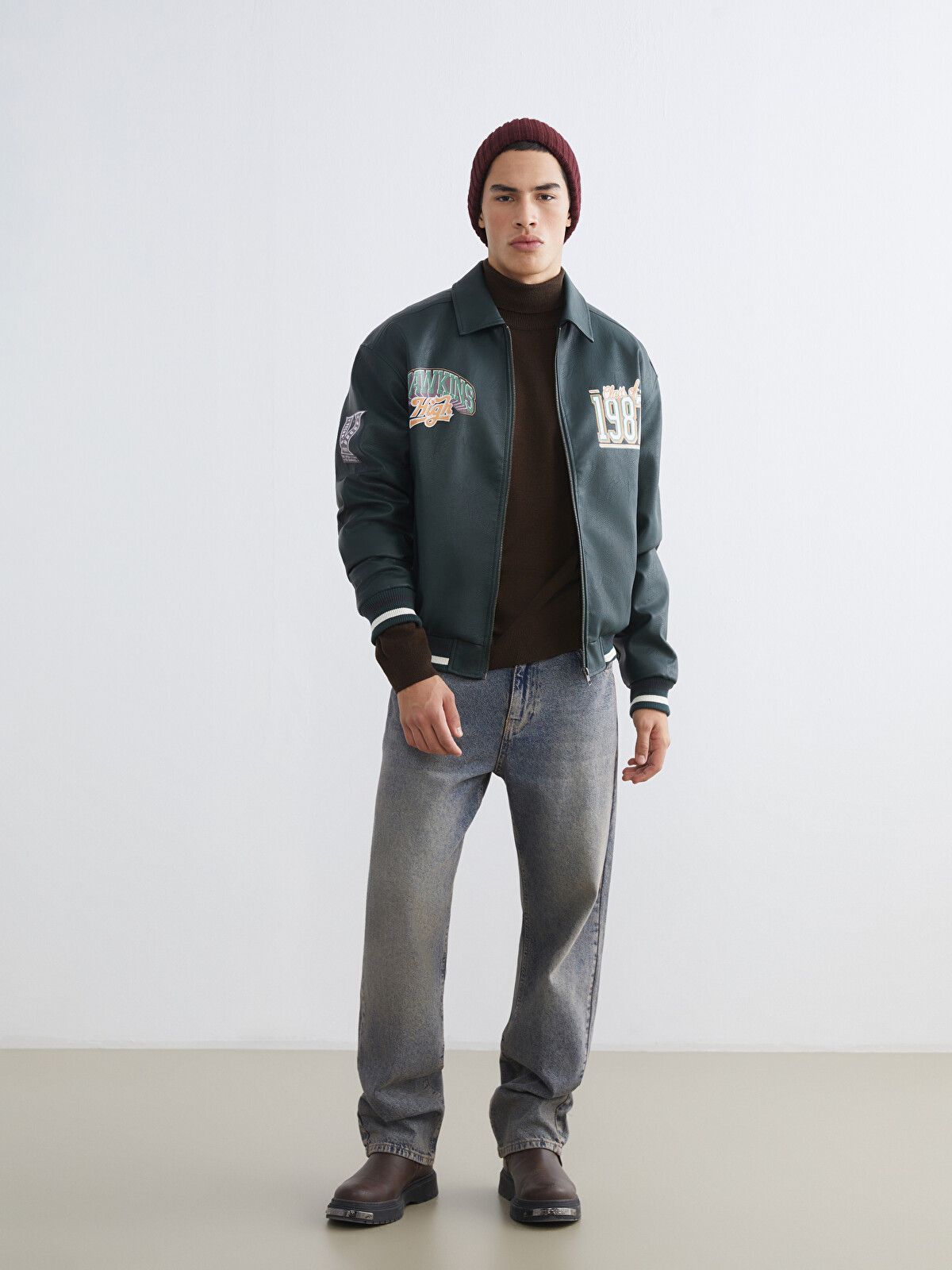 XSIDE Loose Fit Stranger Things Printed Men's Faux Leather Jacket