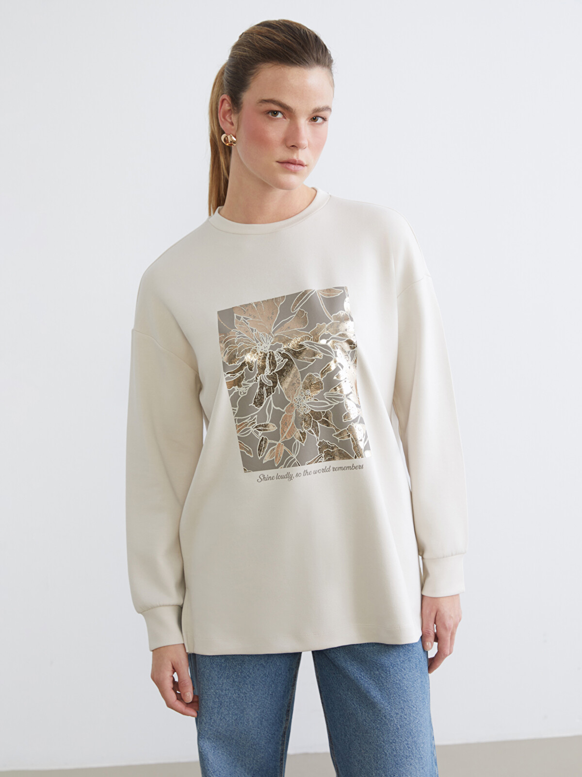 LCW EVERYDAY Gri Bisiklet Yaka Oversize Kadın Sweatshirt Tunik