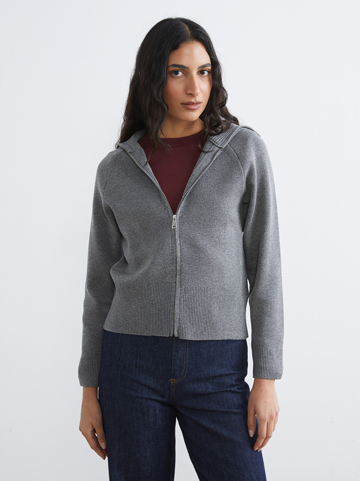 LCW Modest Gri Triko Düz Kadın Hırka - W5NE48Z8-12B | LCW