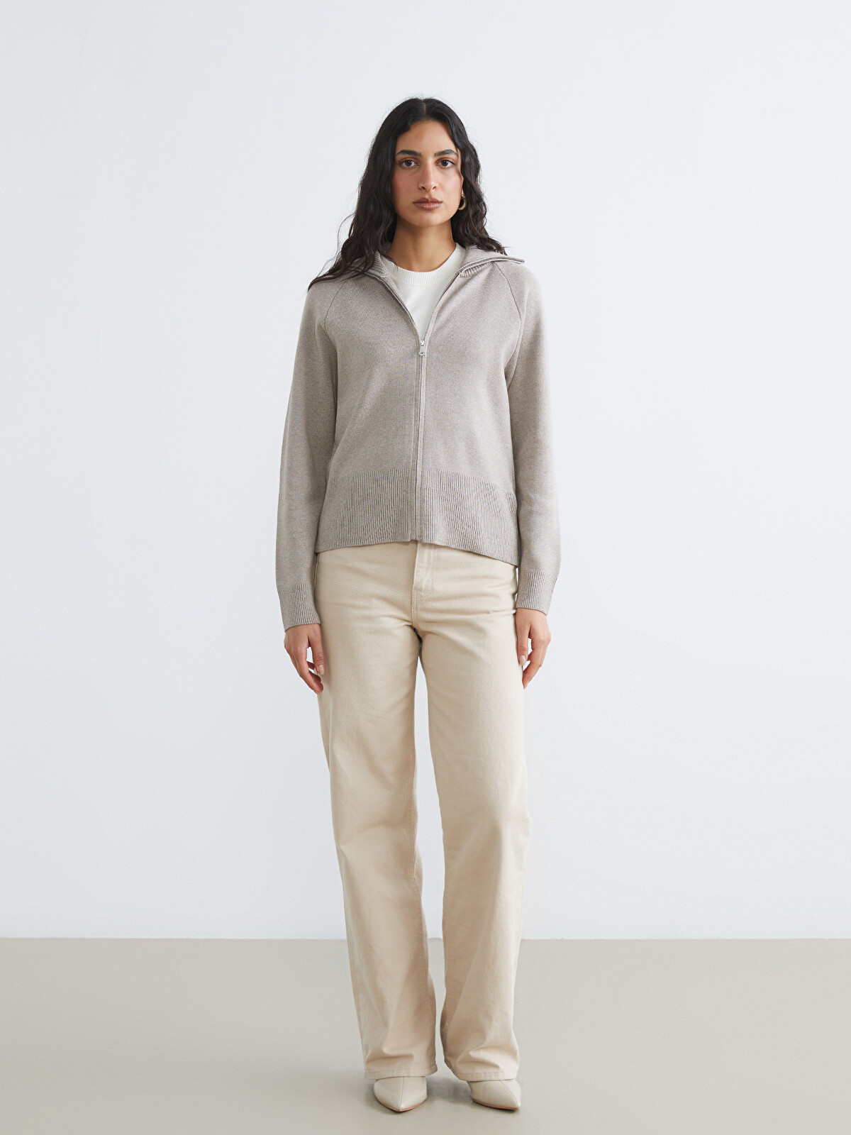 LCW Modest Bej Triko Düz Kadın Hırka - W5NE48Z8-2HG | LCW