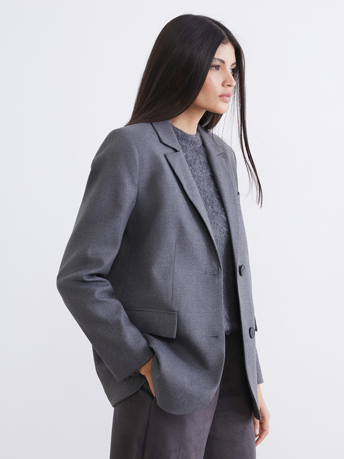 LCW Vision Gri Kruvaze Yaka Kadın Kaşe Blazer Ceket - W5NF15Z8-CT3
