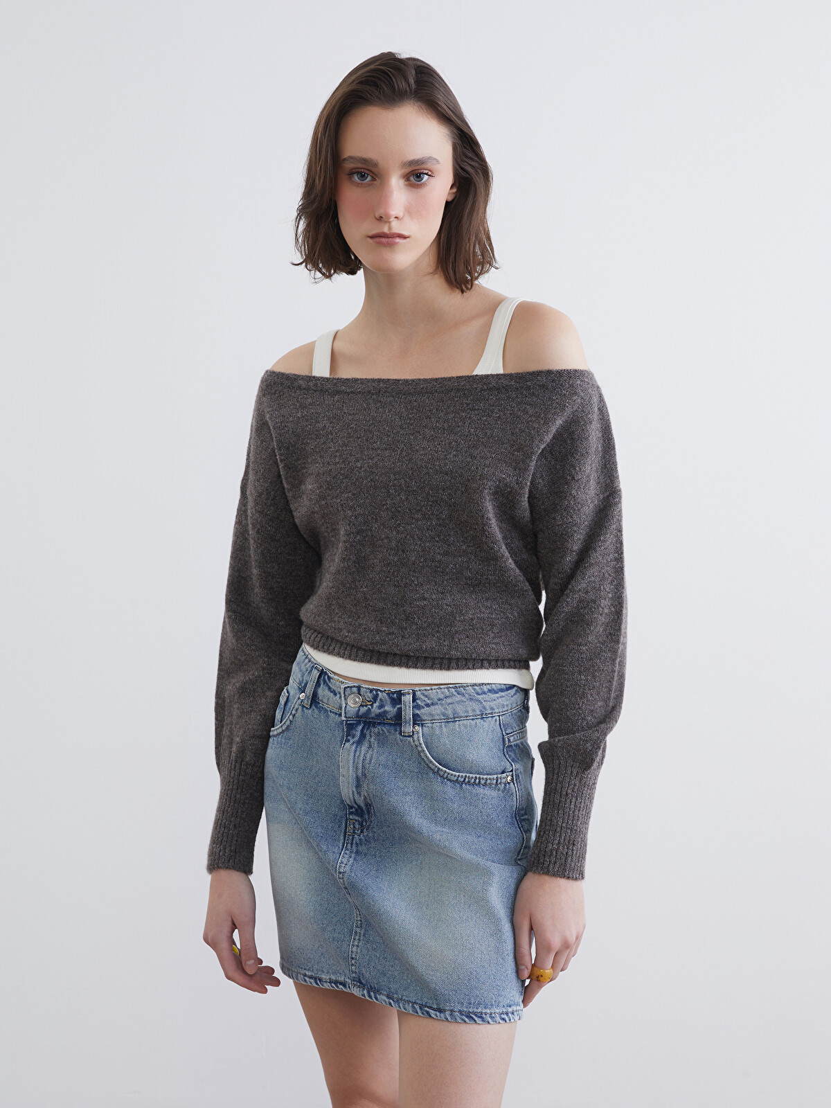 XSIDE Kahverengi Kayık Yaka Oversize Kadın Triko Kazak - W5NF87Z8