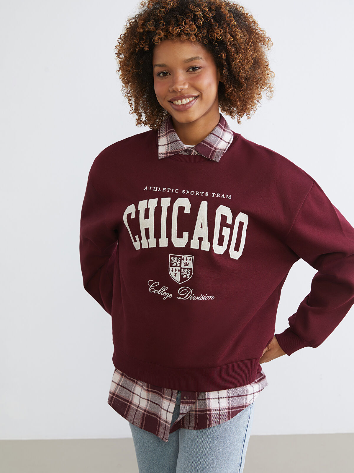 【R&B】Lady XSIDE Bordo Chicago Baskılı Oversize Kadın Sweatshirt - W5NH48Z8
