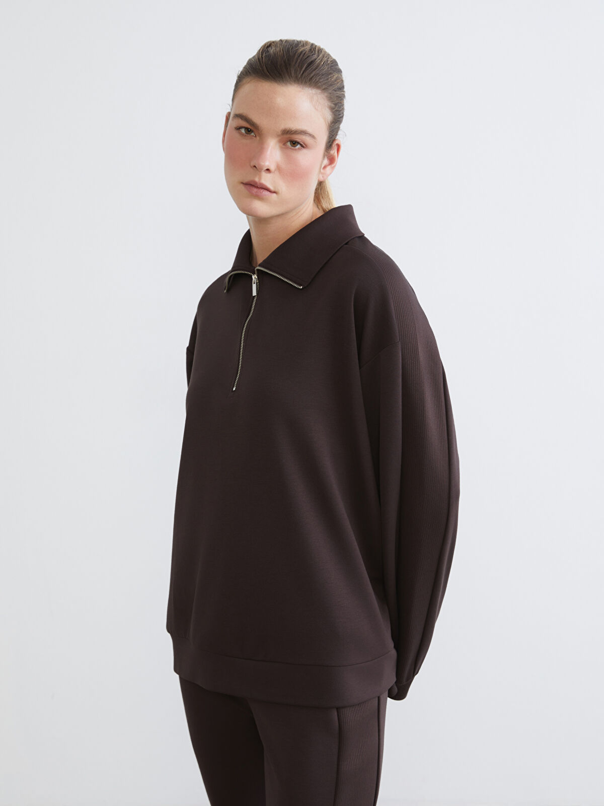 LCW Comfort Kahverengi Dik Yaka Kadın Kalın Sweatshirt - W5NI64Z8