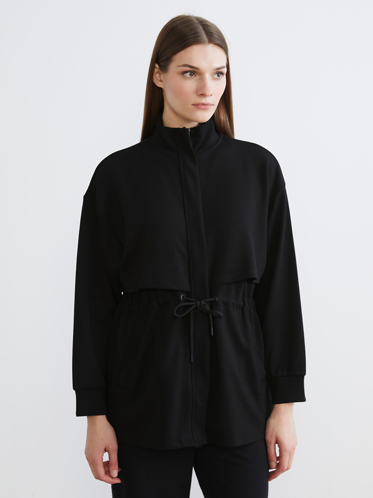 LCW Modest Siyah İnterlok Düz Oversize Kadın Fermuarlı Sweatshirt