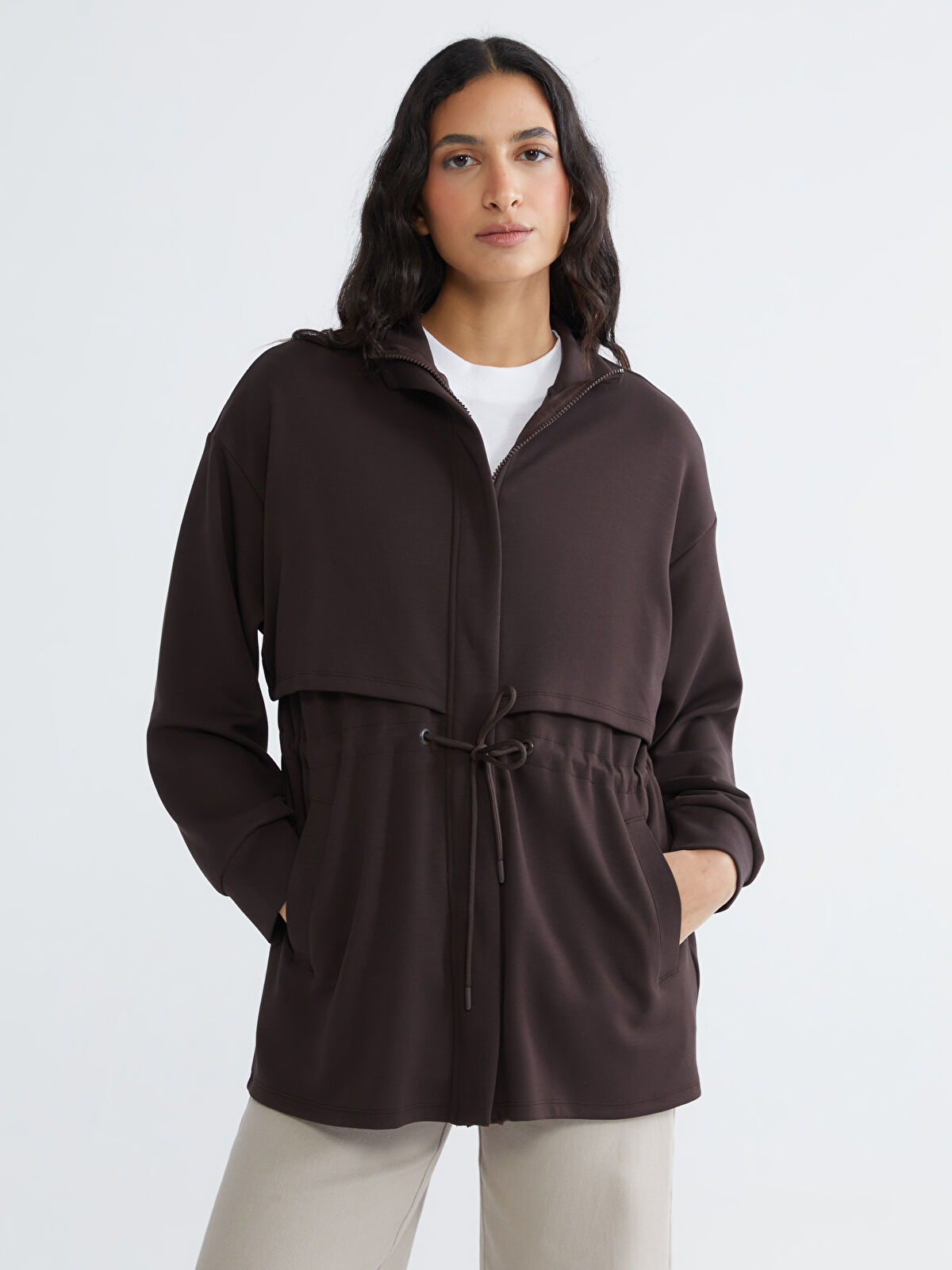 LCW Modest Kahverengi Dik Yaka Oversize Kadın Fermuarlı Sweatshirt