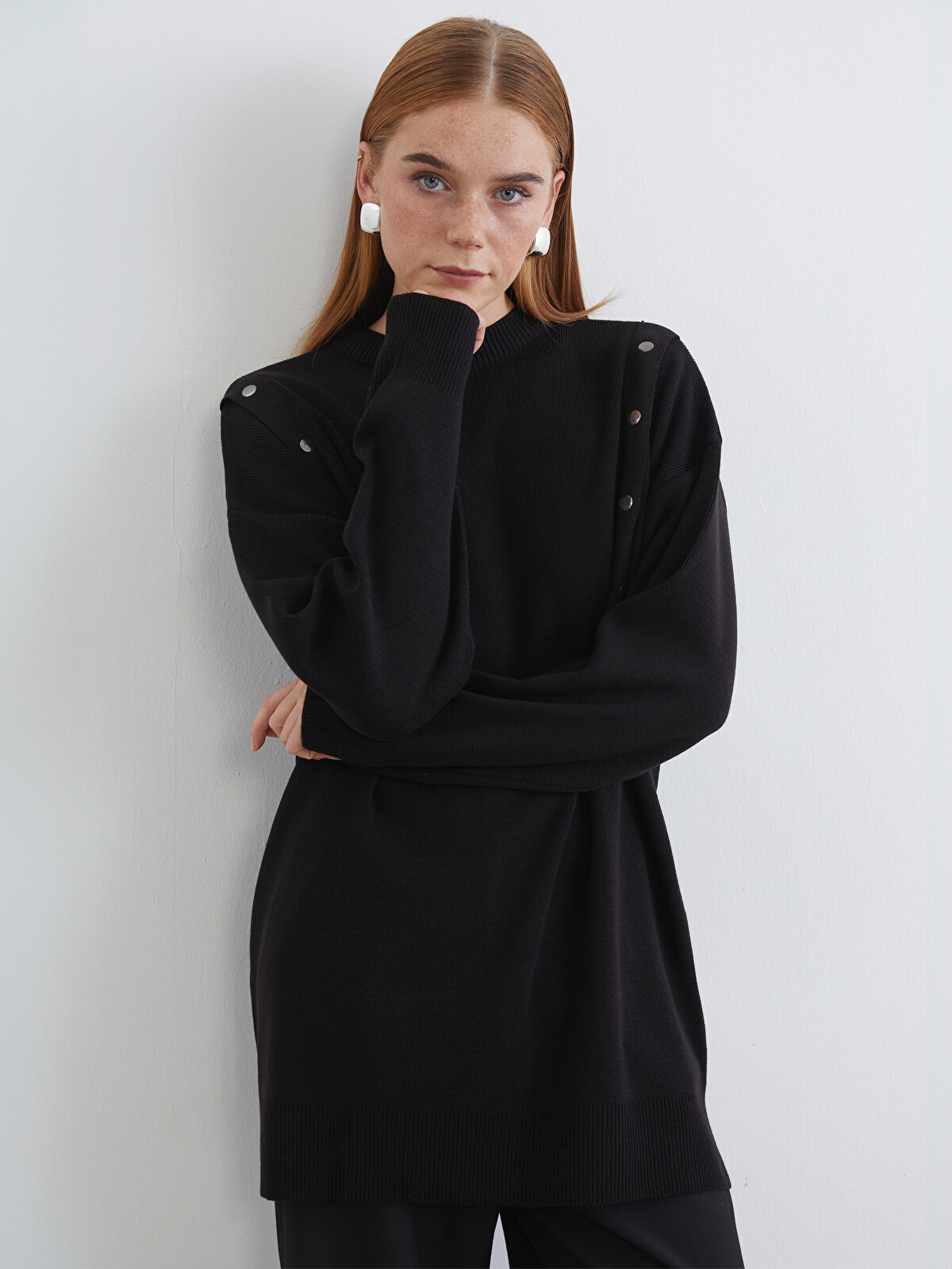 結月 LCW Modest Siyah Bisiklet Yaka Kadın Triko Tunik - W5NR05Z8-CVL | LCW