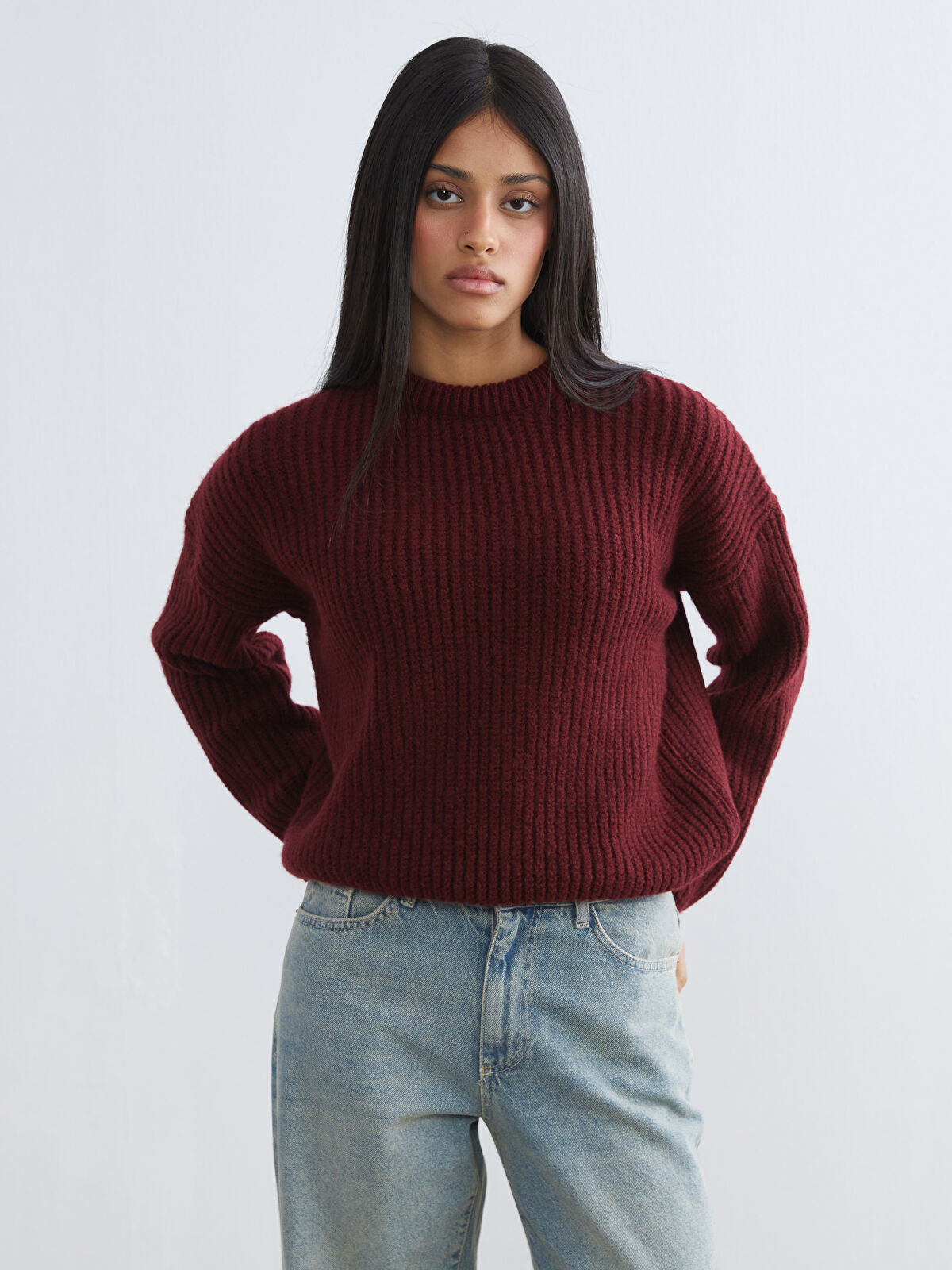 mimozaボルドーXS XSIDE Bordo Bisiklet Yaka Oversize Kadın Triko Kazak - W5O905Z8