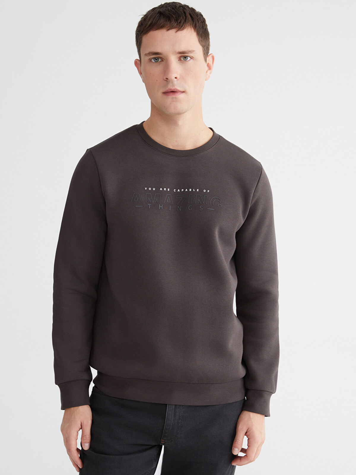 LCWAIKIKI Classic Crew Neck Printed Men's Thick Sweatshirt