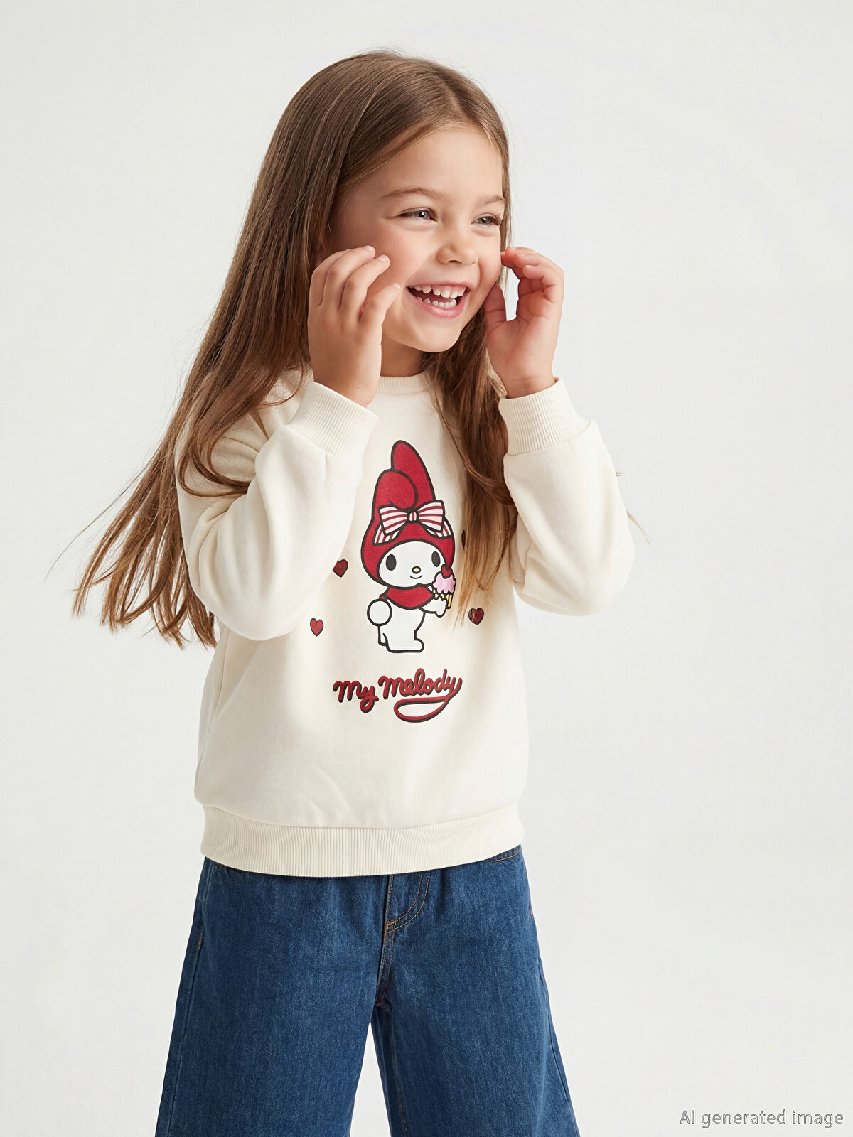 LCW Kids Ekru My Melody Baskılı Kız Çocuk Kalın Sweatshirt