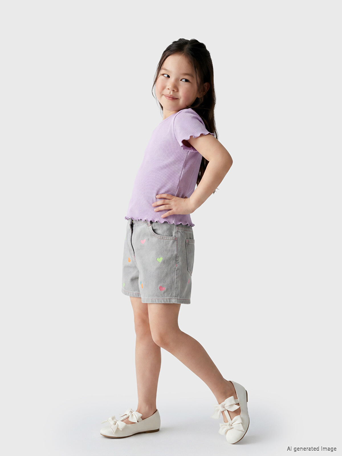 LCW Kids Gri Kalp Nakışlı Kız Çocuk Jean Şort - S6S621Z1-JRX | LCW