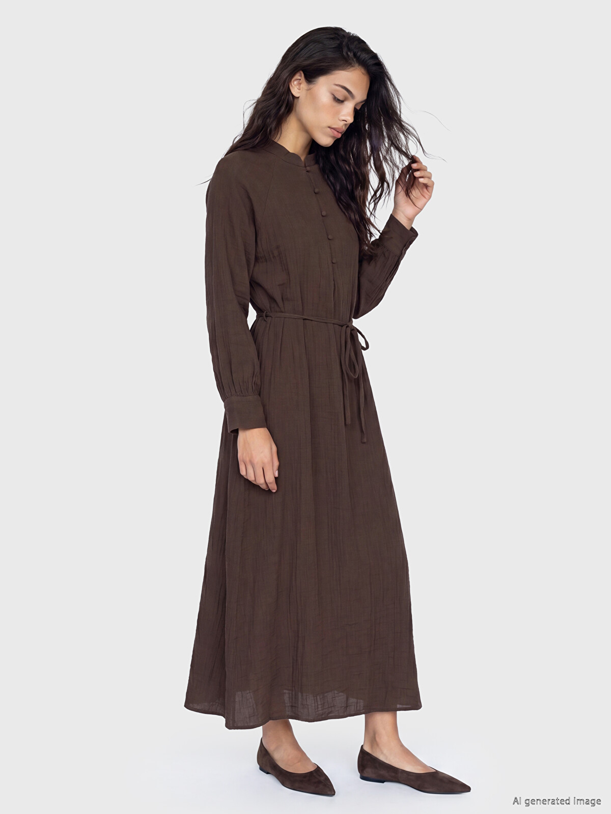 ラキち LCW Modest Kahverengi Hakim Yaka Kuşaklı Elbise - S6S624Z8-ZMQ | LCW