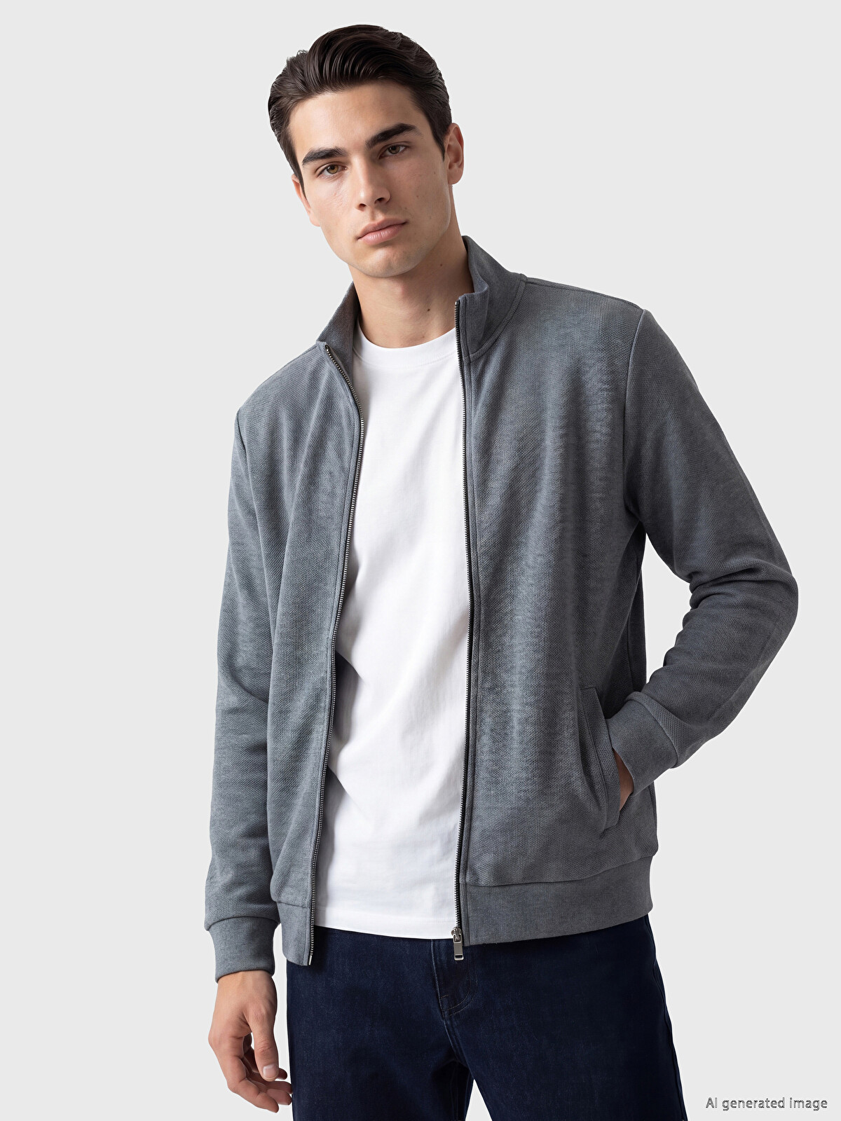 LCWAIKIKI Classic Gri Dik Yaka Erkek Fermuarlı Sweatshirt