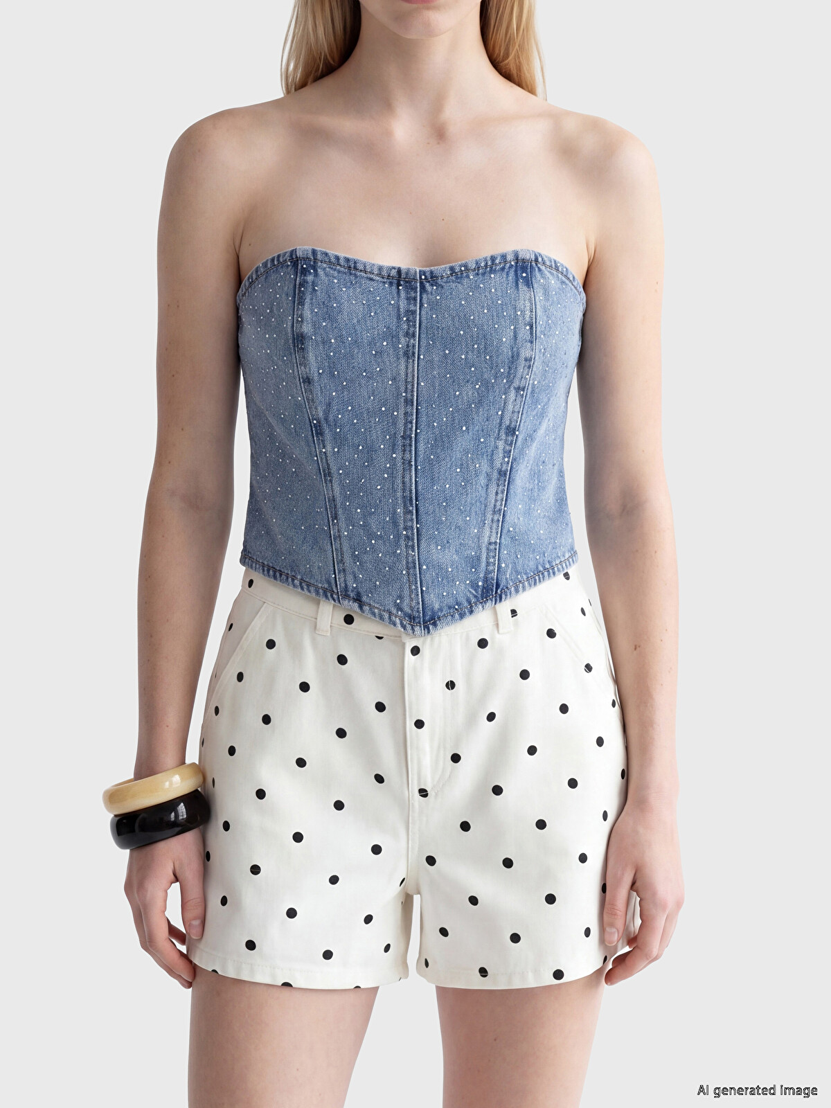 XSIDE Strapless Collar Rhinestone Embellished Crop Denim Blouse