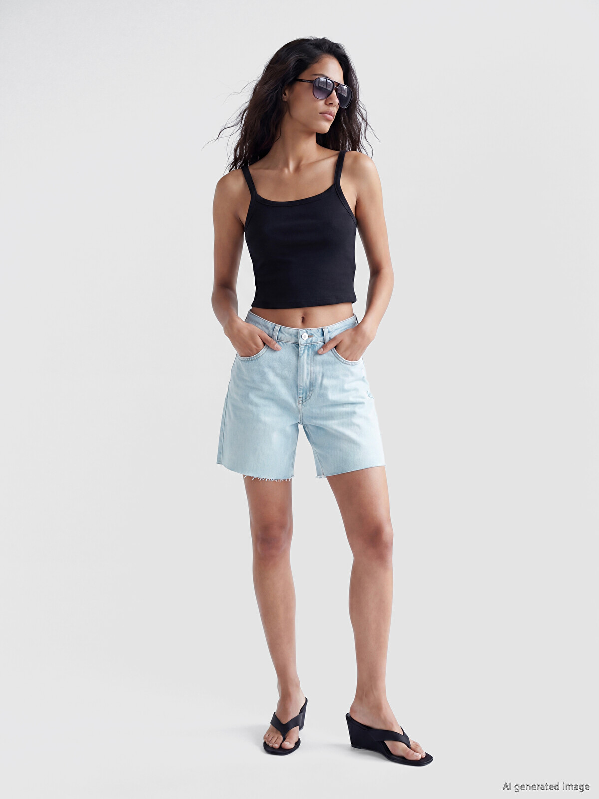 XSIDE Pantaloni Scurți Din Denim Tip Bermude Cu Talie Înaltă
