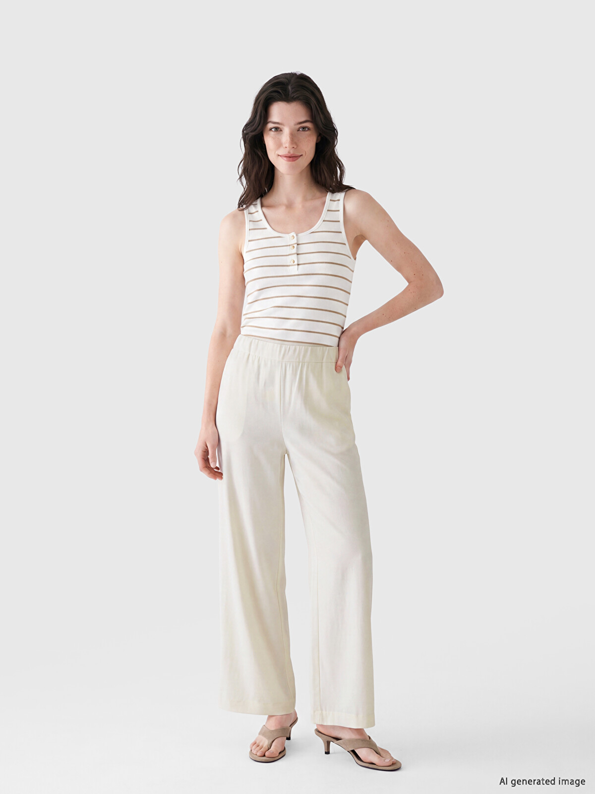 LCW Comfort Bej Beli Lastikli Geniş Paça Kadın Pantolon - S6V507Z8
