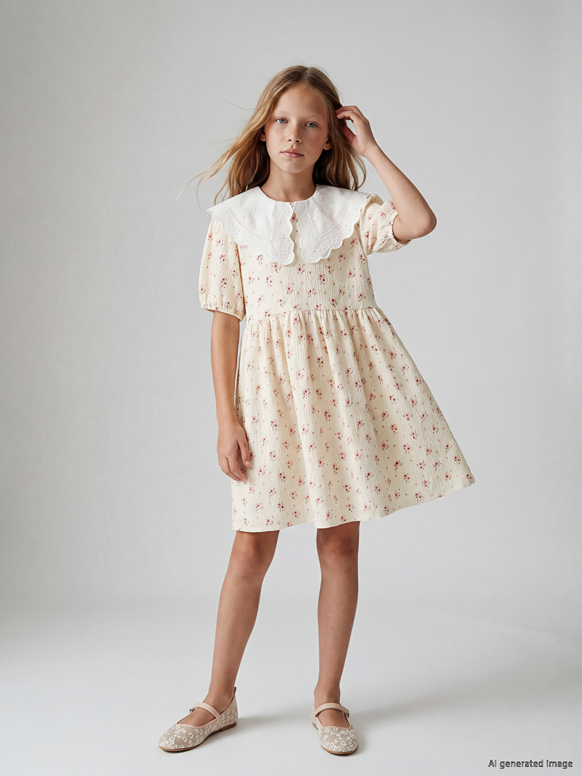 LCW Kids Ekru Bebe Yaka Çiçekli Kız Çocuk Elbise - S6V639Z4-LRA | LCW