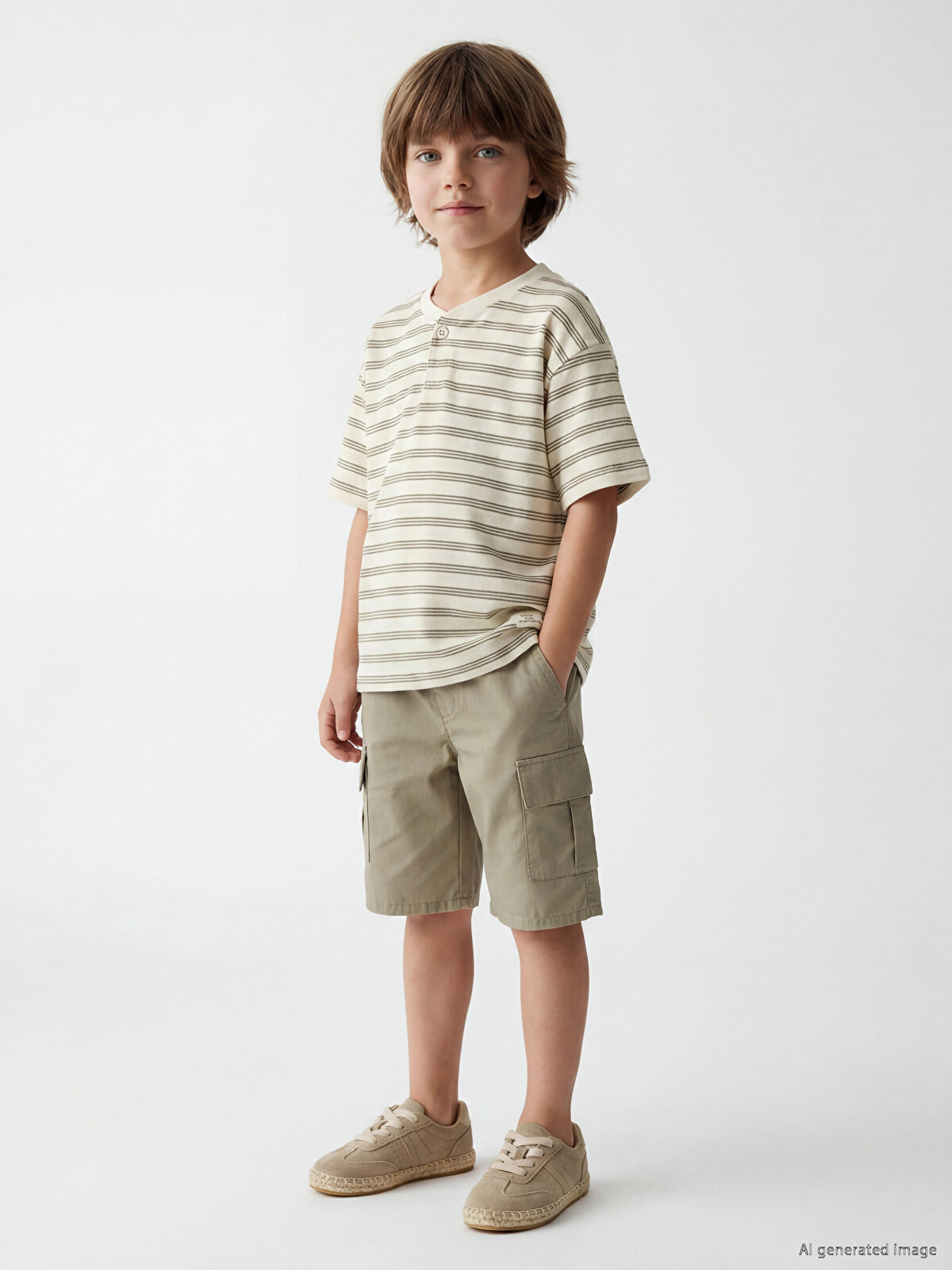 LCW Kids Bej Bisiklet Yaka Çizgili Erkek Çocuk Tişört - S6V896Z1
