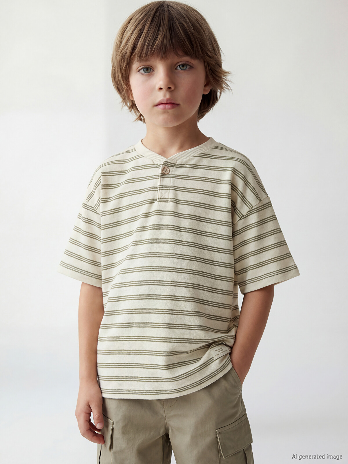 LCW Kids Bej Bisiklet Yaka Çizgili Erkek Çocuk Tişört - S6V896Z1