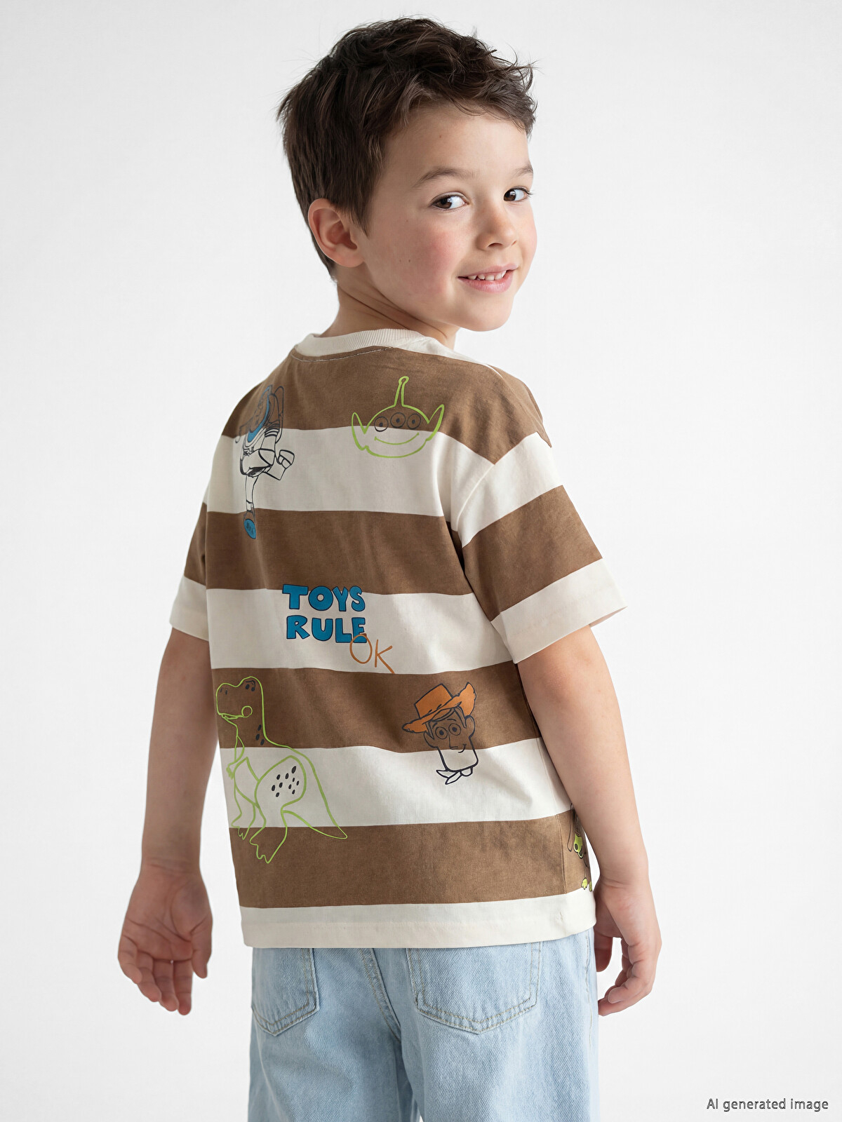 LCW Kids Kahverengi Bisiklet Yaka Toy Story Baskılı Erkek Çocuk