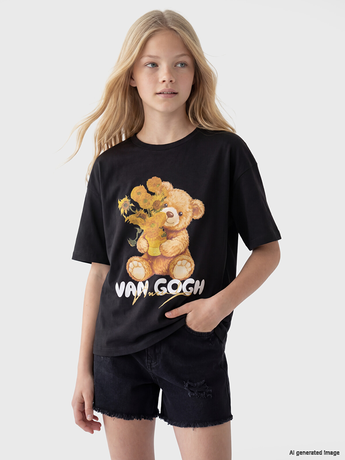 LCW Kids Gri Van Gogh Baskılı Bisiklet Yaka Kız Çocuk Tişört