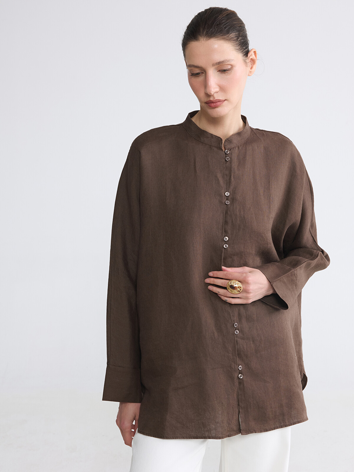 LCW Modest Oversize Women's %100 Linen Shirt Tunic - S6Y791Z8-HML