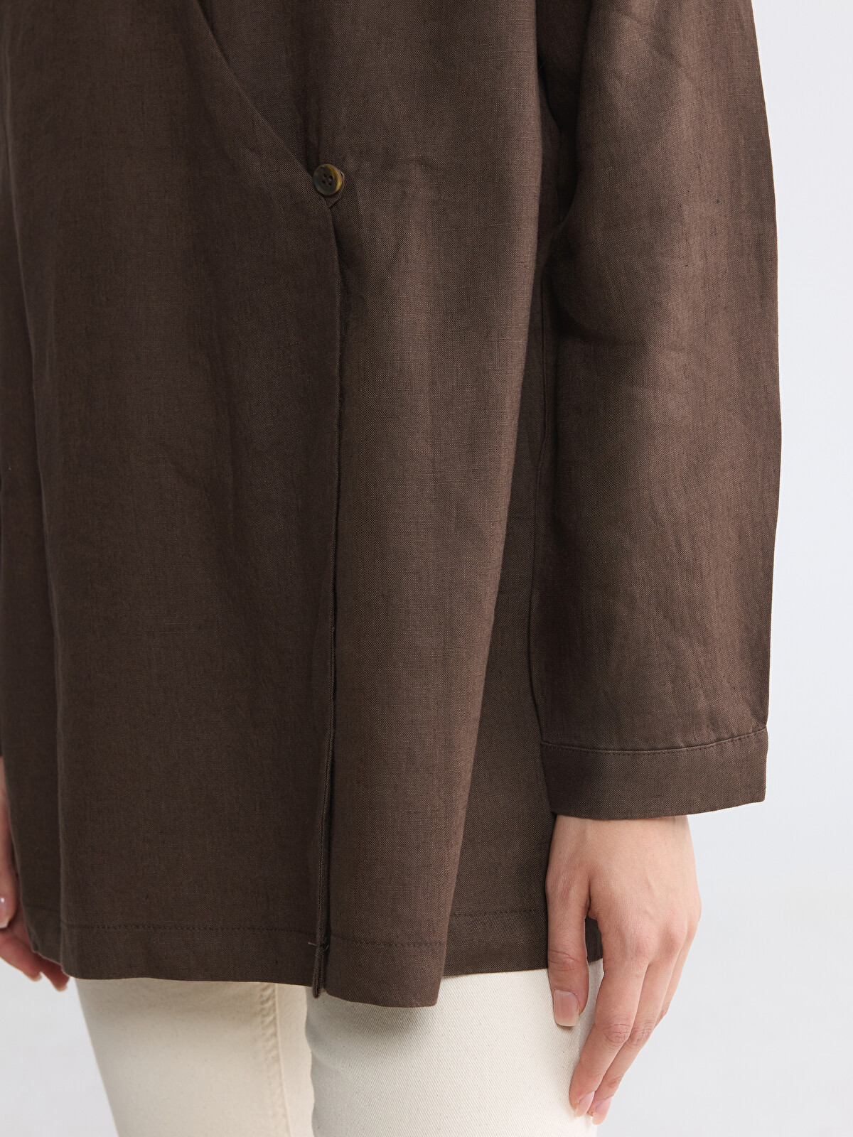 LCW Modest Kahverengi Kruvaze Yaka Kadın %100 Keten Kimono