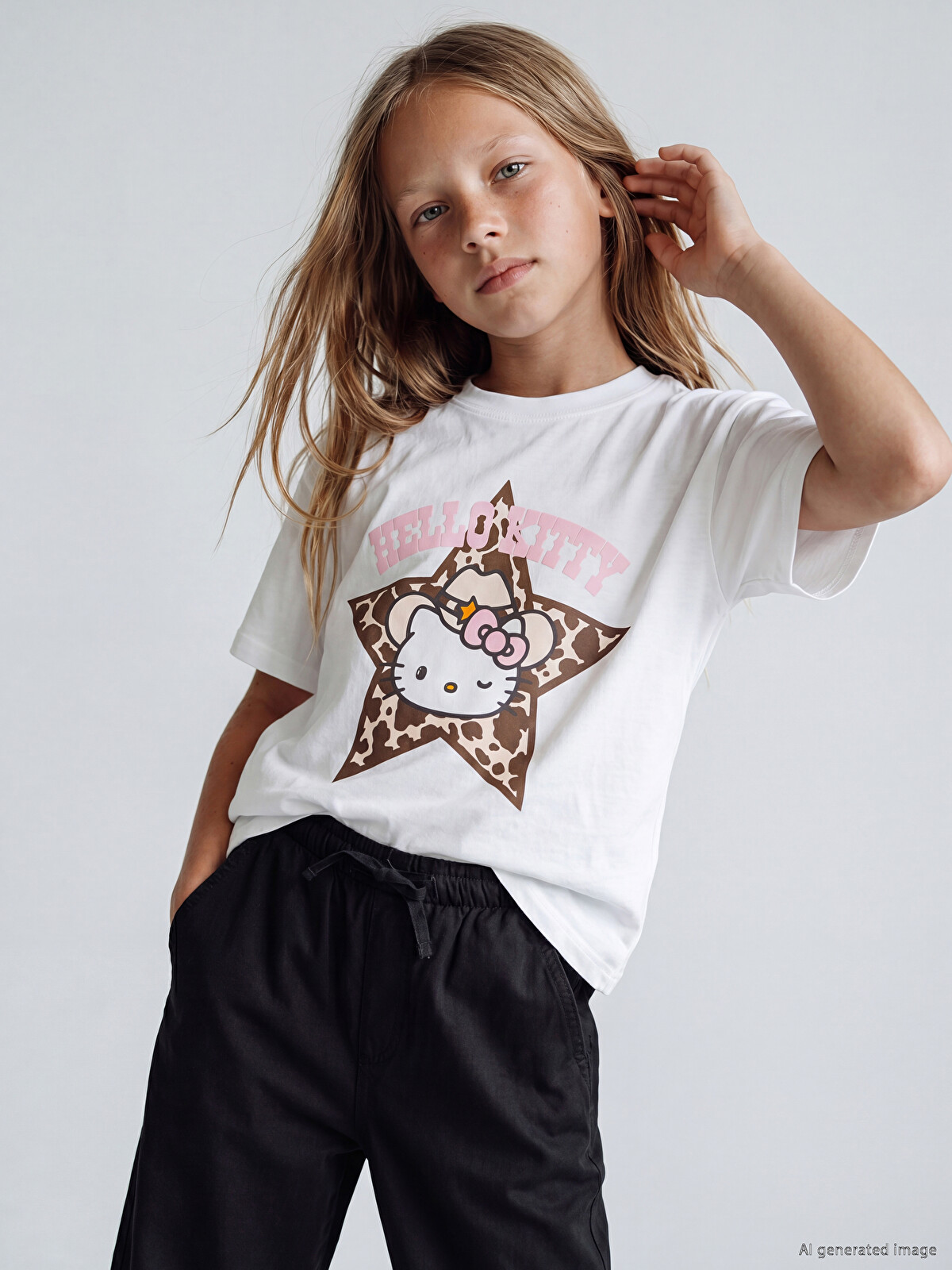 キティ RANDY LCW Kids Beyaz Bisiklet Yaka Hello Kitty Baskılı Kız Çocuk Tişört