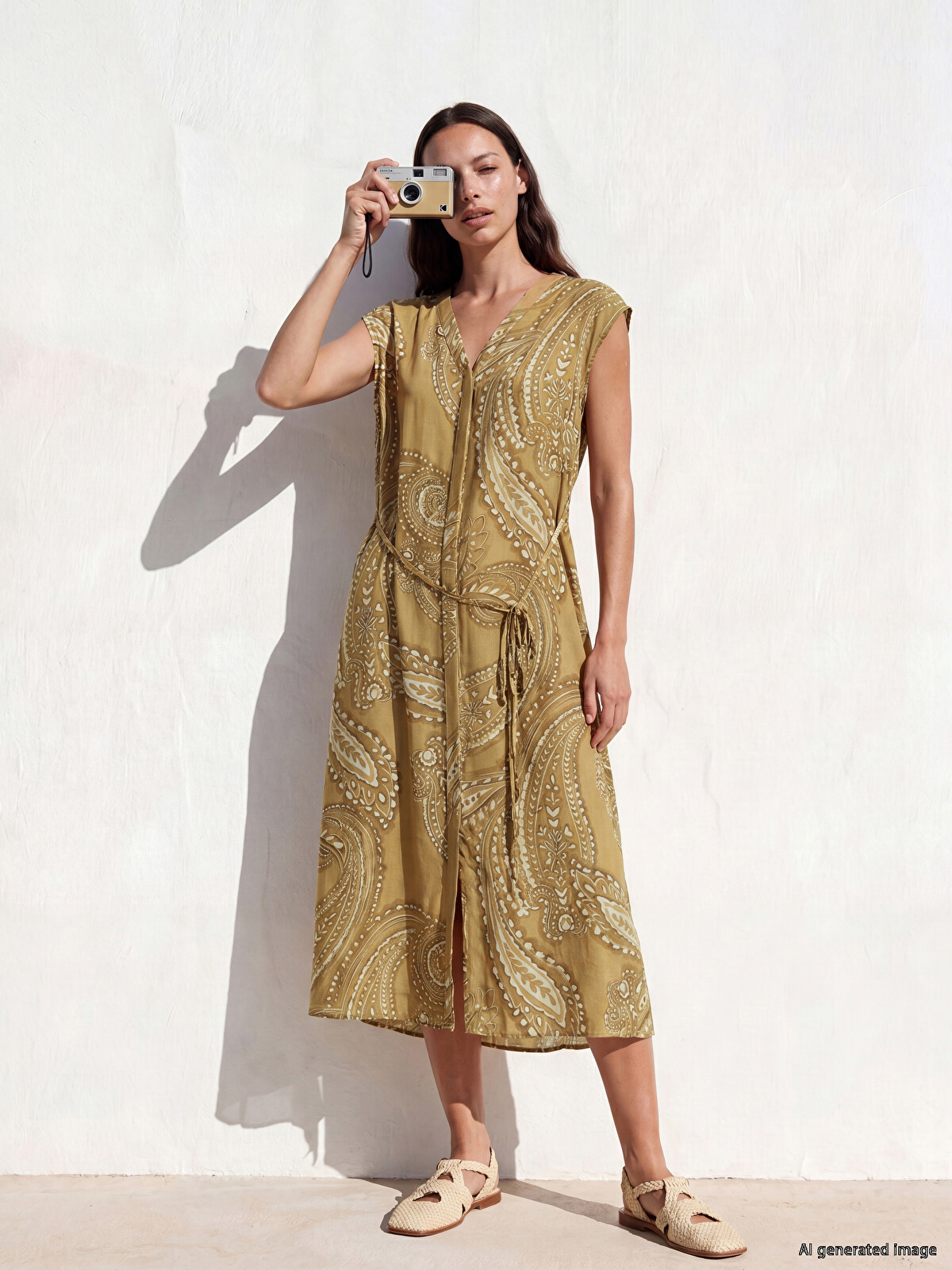 LCW STUDIO V Neck Patterned Sash Dress - S6QH39Z8-LRR | LC Waikiki