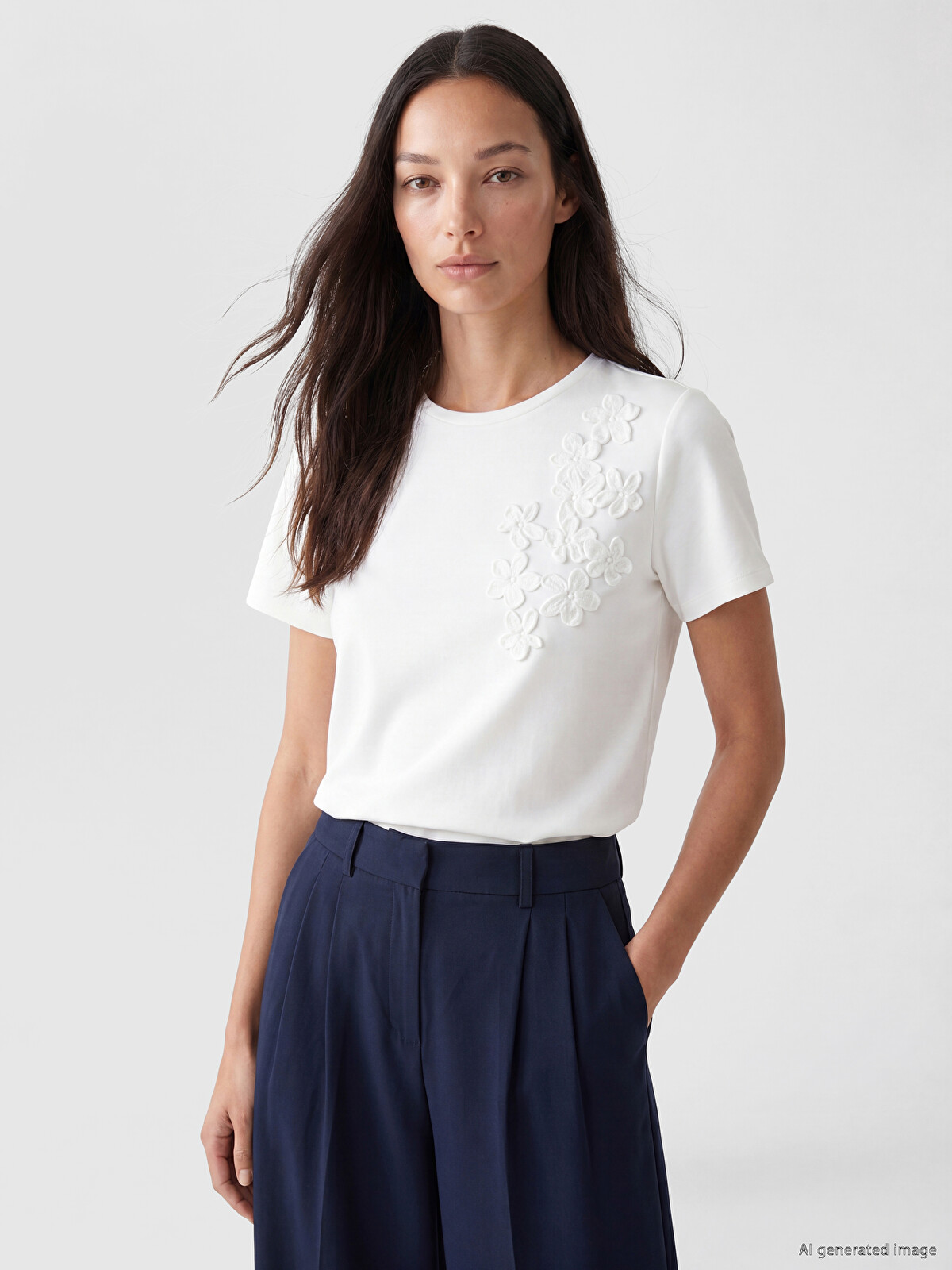 LCW EVERYDAY Crew Neck Flower Embroidered Women's T-shirt