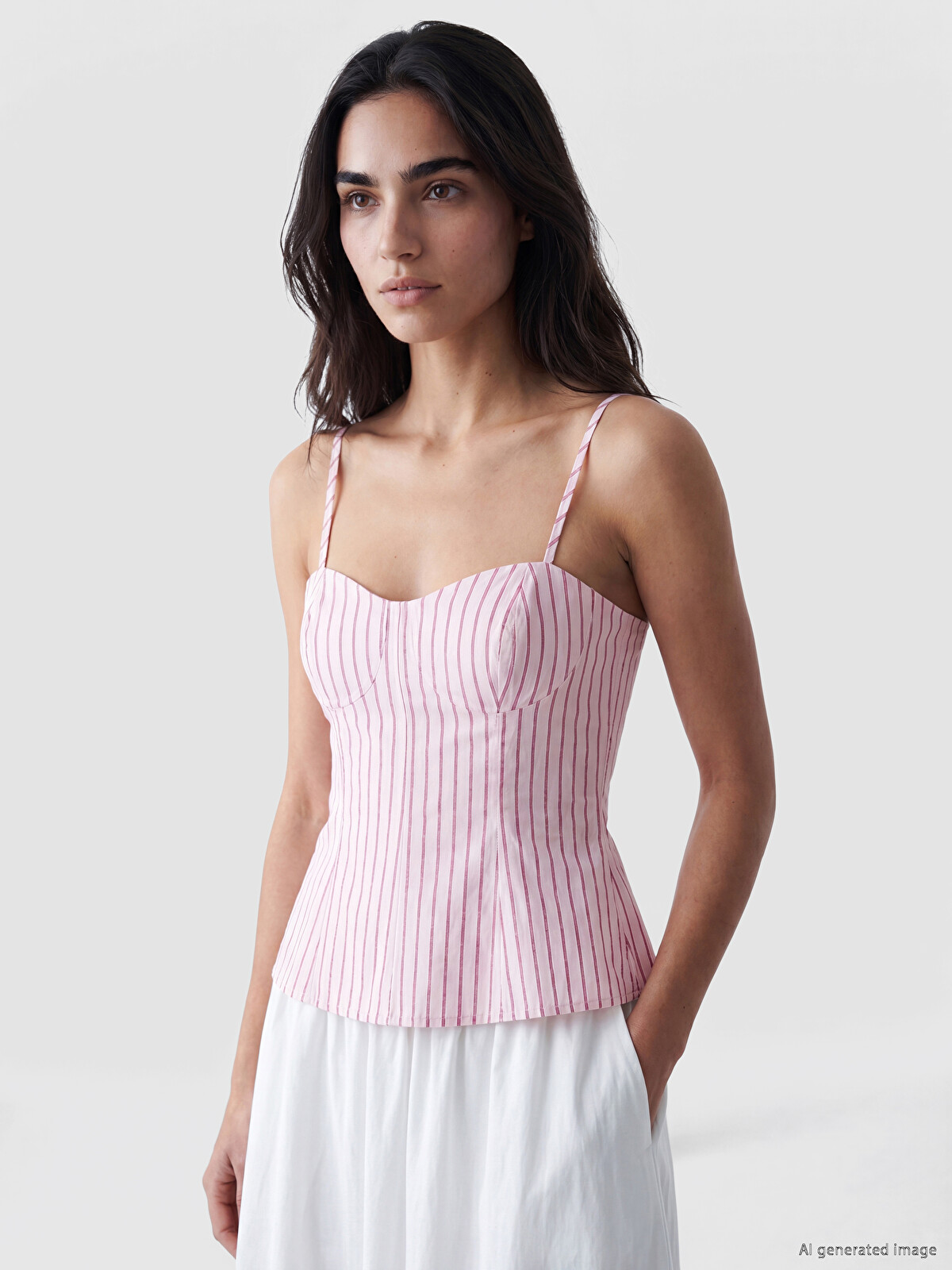 LCW Vision Pembe Kalp Yaka Çizgili İp Askılı Peplum Bluz